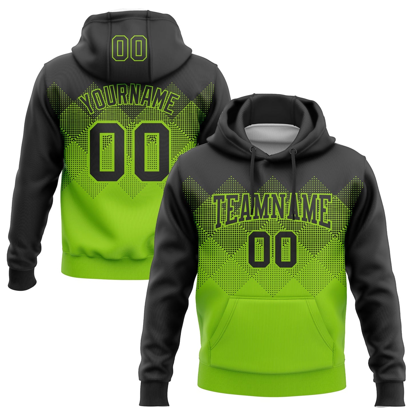 Custom Stitched Black Neon Green 3D Pattern Design Gradient Square Shape Sports Pullover Sweatshirt Hoodie - Main View