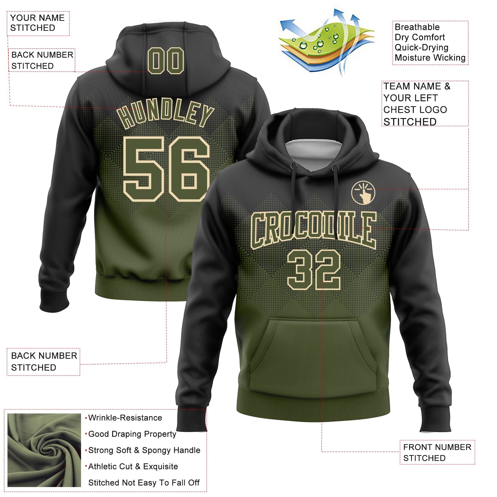 Custom Stitched Black Olive-Cream 3D Pattern Design Gradient Square Shape Sports Pullover Sweatshirt Hoodie view 2