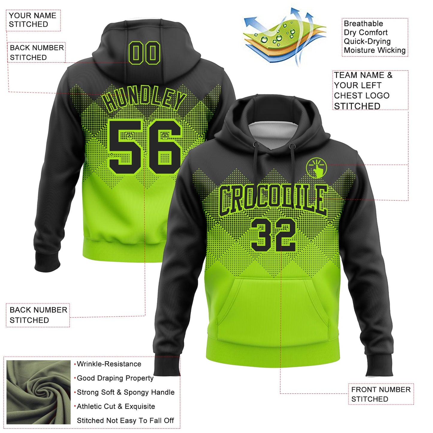 Custom Stitched Black Neon Green 3D Pattern Design Gradient Square Shape Sports Pullover Sweatshirt Hoodie view 2