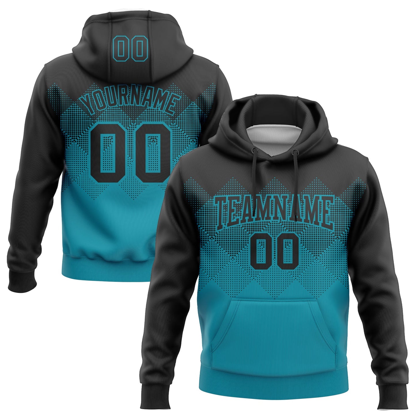 Custom Stitched Black Teal 3D Pattern Design Gradient Square Shape Sports Pullover Sweatshirt Hoodie - Main View