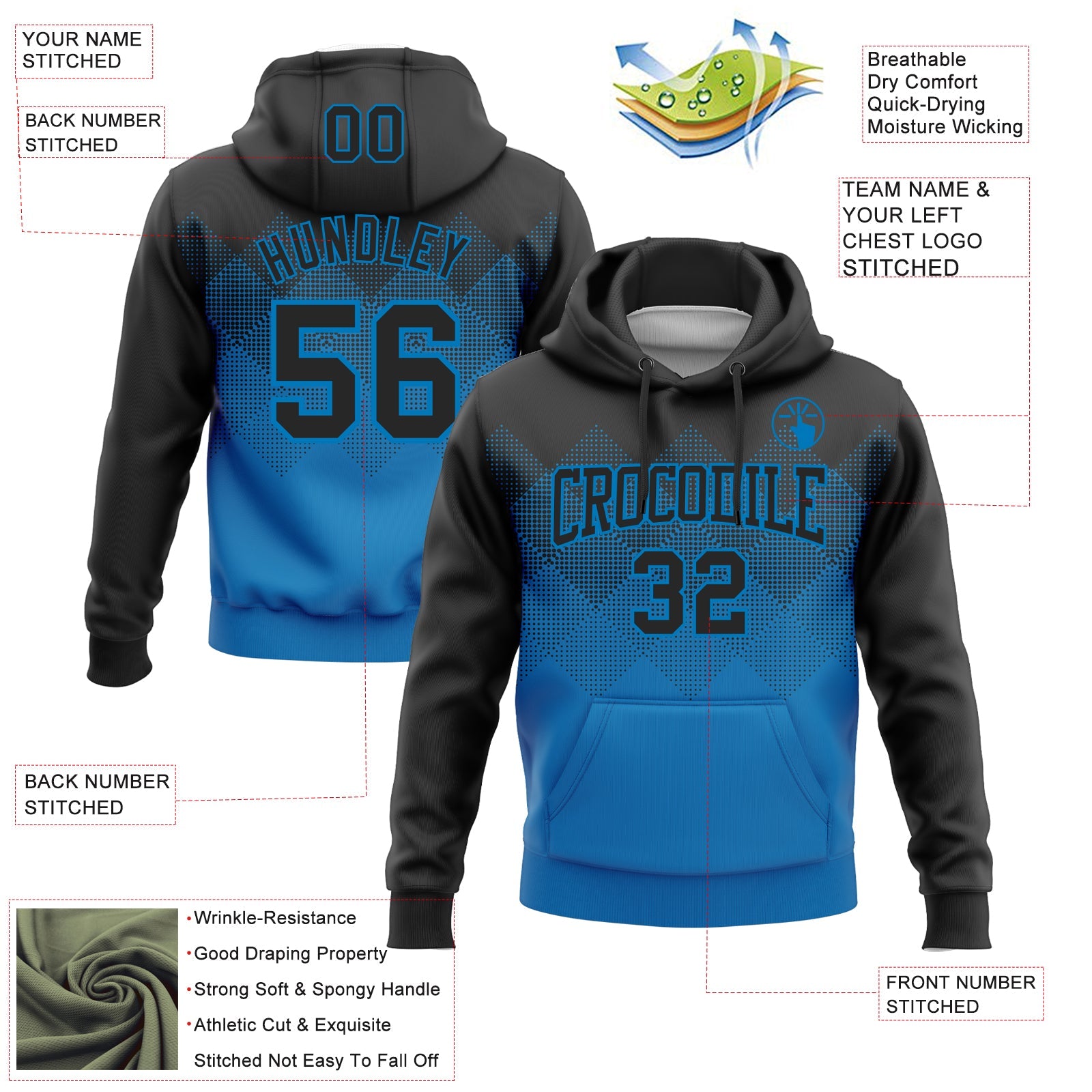 Custom Stitched Black Blue 3D Pattern Design Gradient Square Shape Sports Pullover Sweatshirt Hoodie view 2