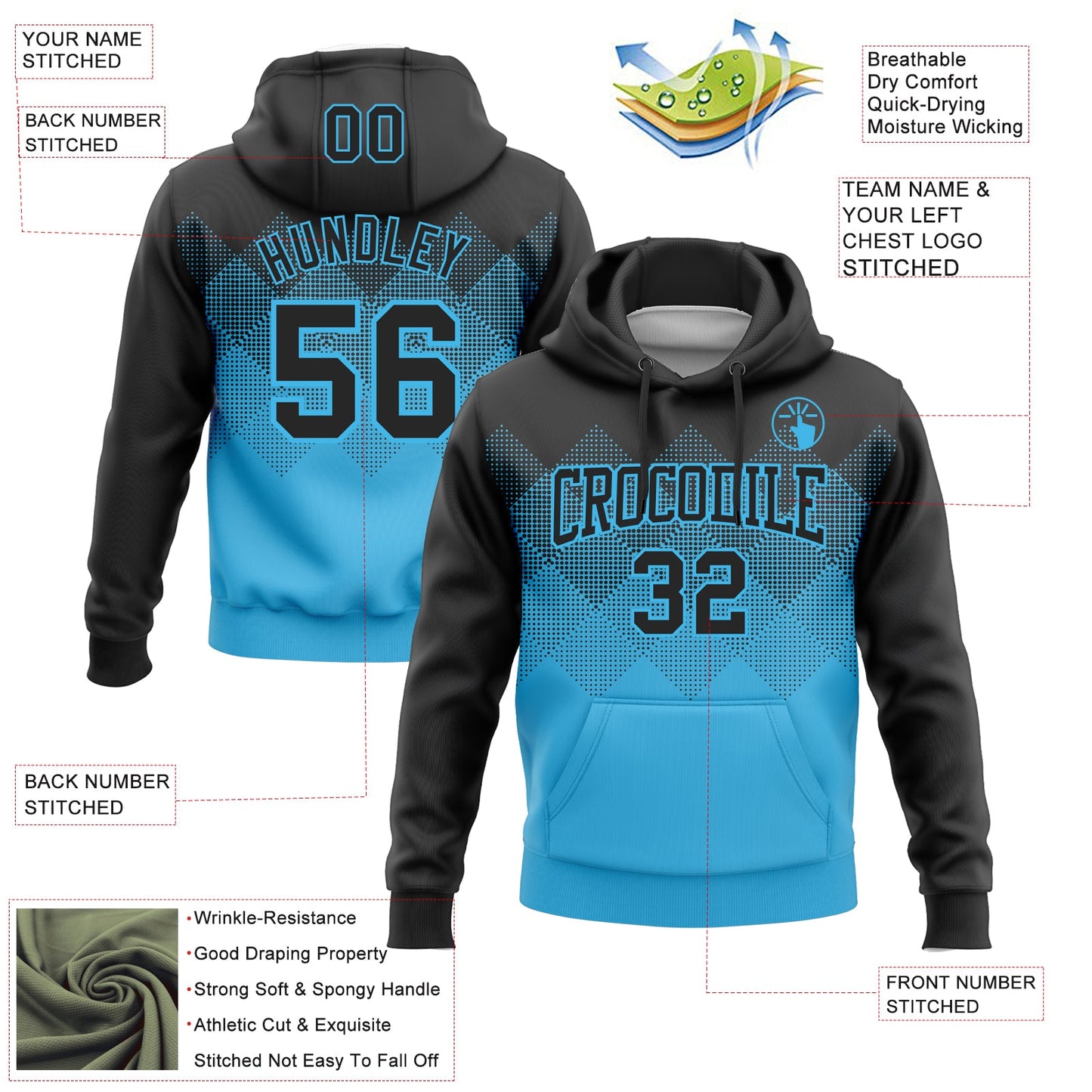 Custom Stitched Black Sky Blue 3D Pattern Design Gradient Square Shape Sports Pullover Sweatshirt Hoodie view 2