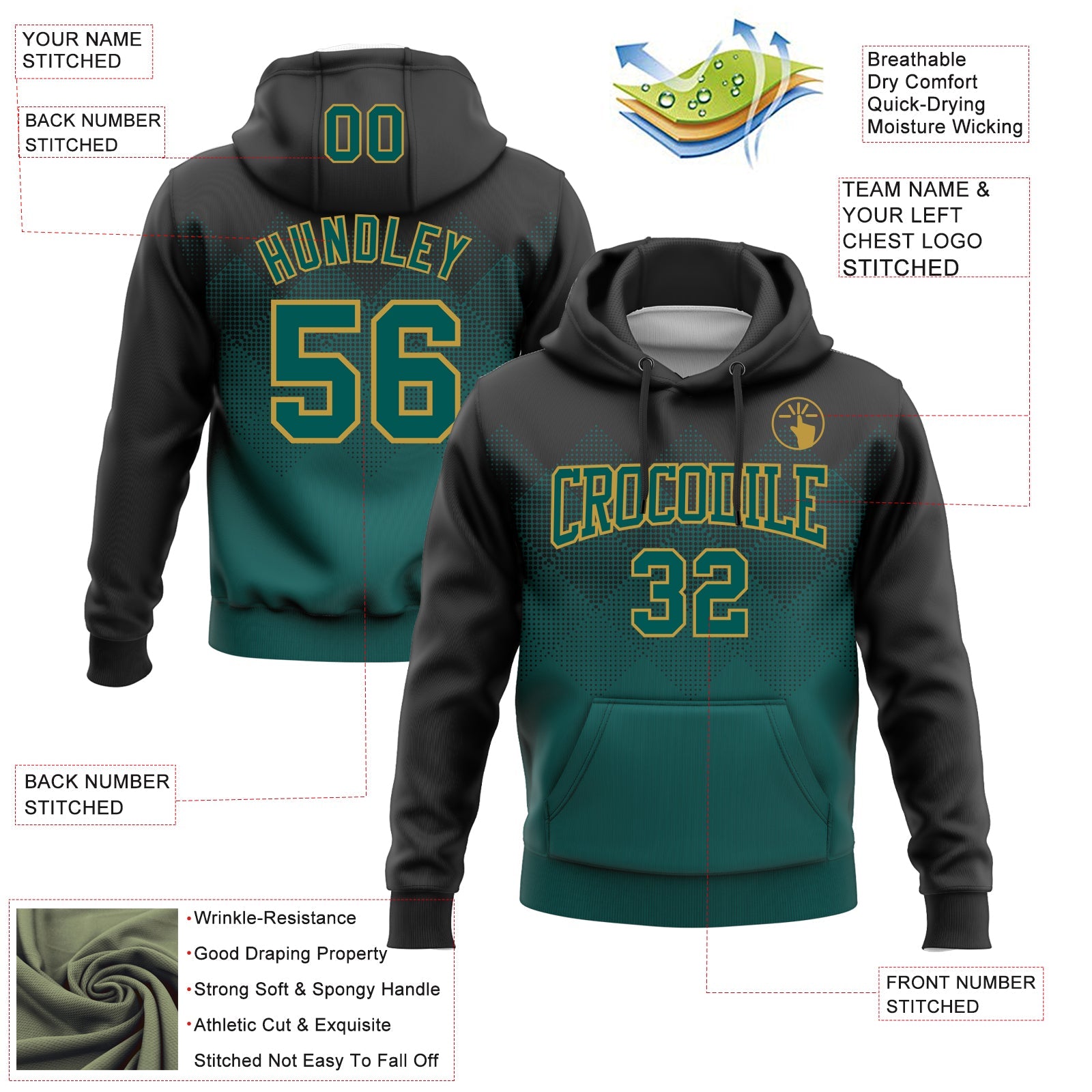 Custom Stitched Black Midnight Green-Old Gold 3D Pattern Design Gradient Square Shape Sports Pullover Sweatshirt Hoodie view 2