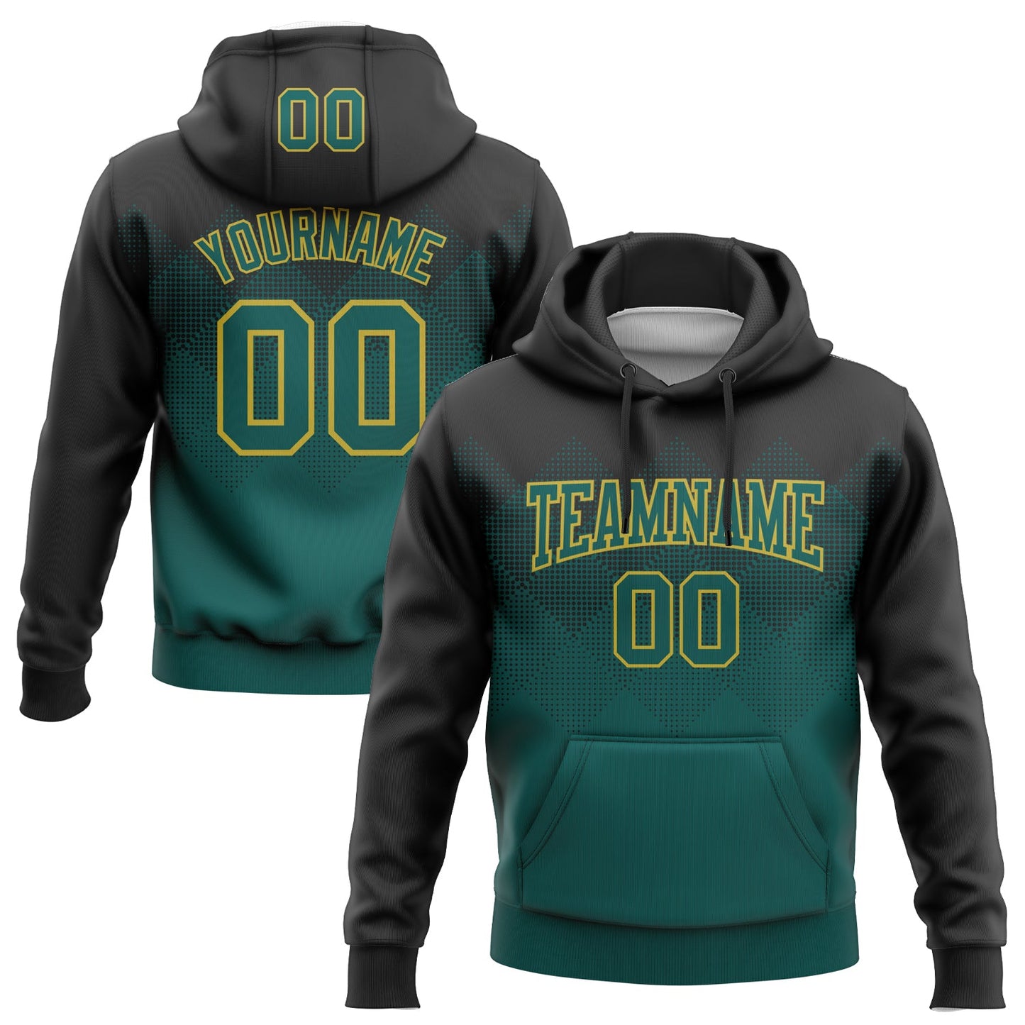 Custom Stitched Black Midnight Green-Old Gold 3D Pattern Design Gradient Square Shape Sports Pullover Sweatshirt Hoodie - Main View