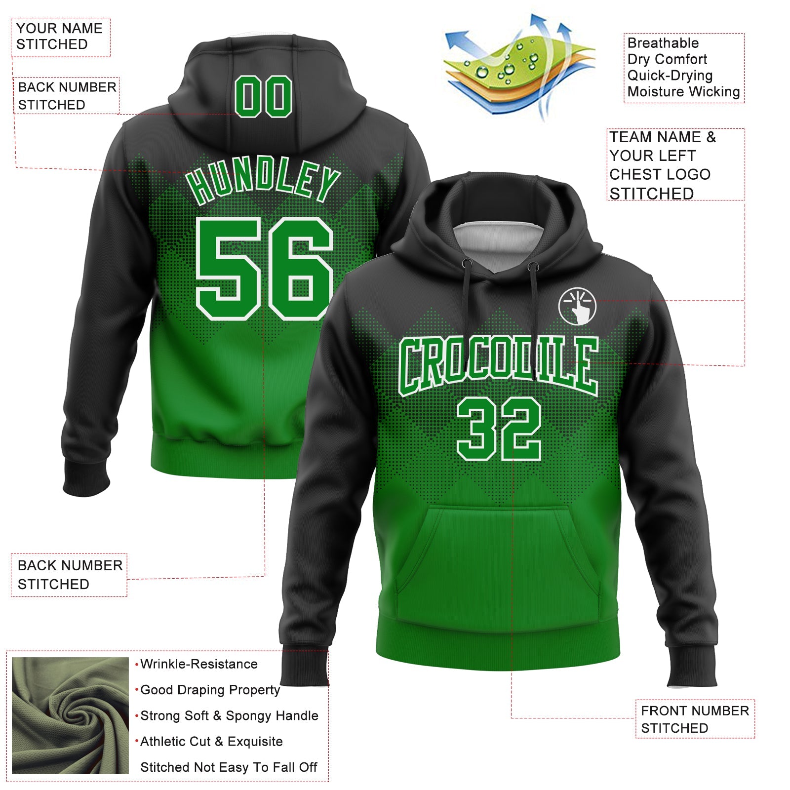 Custom Stitched Black Grass Green-White 3D Pattern Design Gradient Square Shape Sports Pullover Sweatshirt Hoodie view 2
