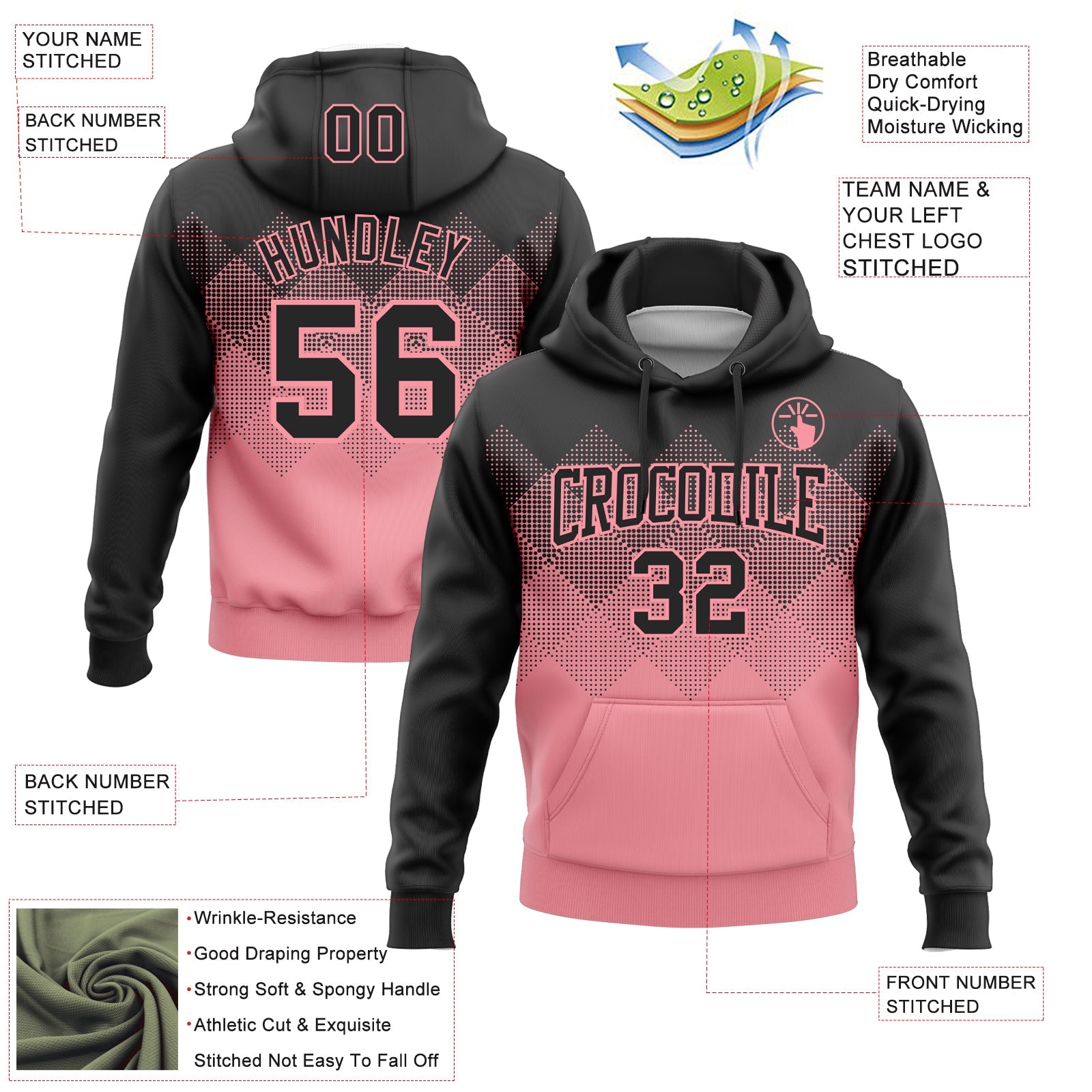 Custom Stitched Black Medium Pink 3D Pattern Design Gradient Square Shape Sports Pullover Sweatshirt Hoodie view 2