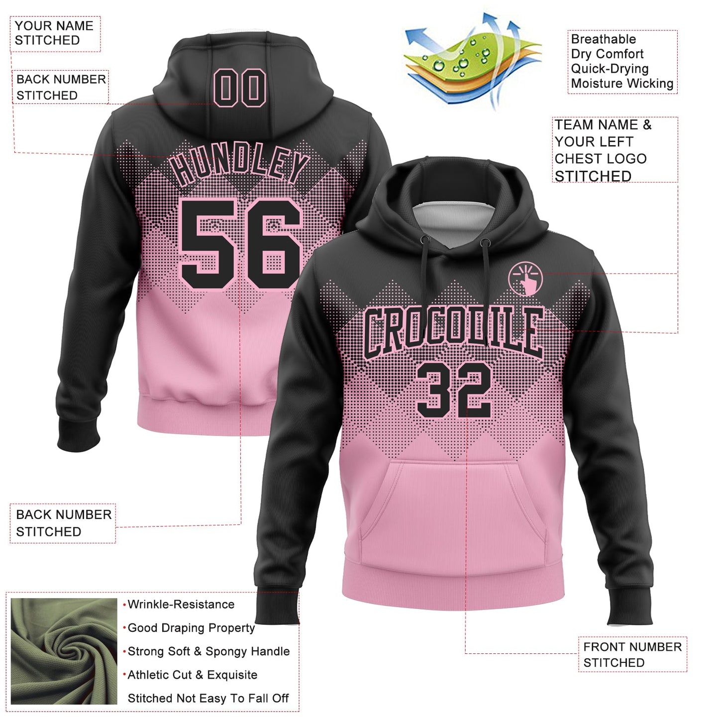 Custom Stitched Black Light Pink 3D Pattern Design Gradient Square Shape Sports Pullover Sweatshirt Hoodie view 2