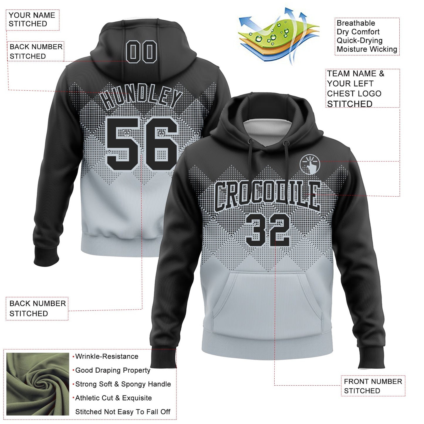 Custom Stitched Black Silver 3D Pattern Design Gradient Square Shape Sports Pullover Sweatshirt Hoodie view 2