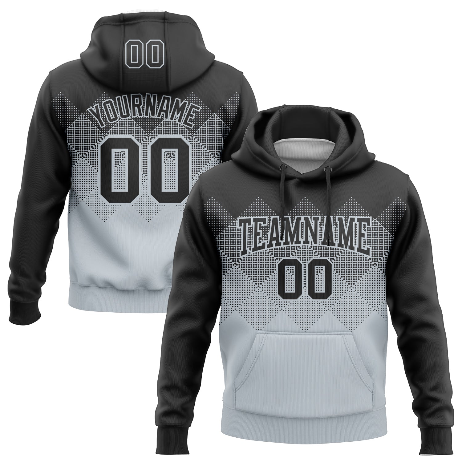 Custom Stitched Black Silver 3D Pattern Design Gradient Square Shape Sports Pullover Sweatshirt Hoodie - Main View