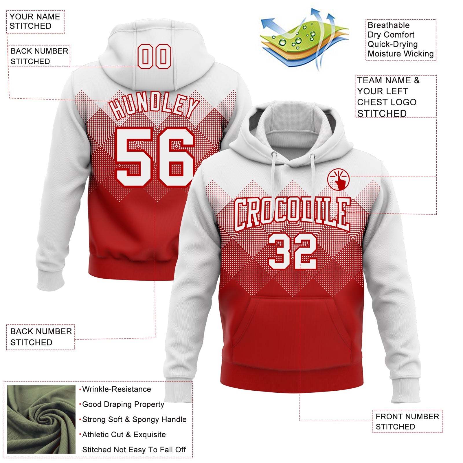 Custom Stitched White Red 3D Pattern Design Gradient Square Shape Sports Pullover Sweatshirt Hoodie view 2