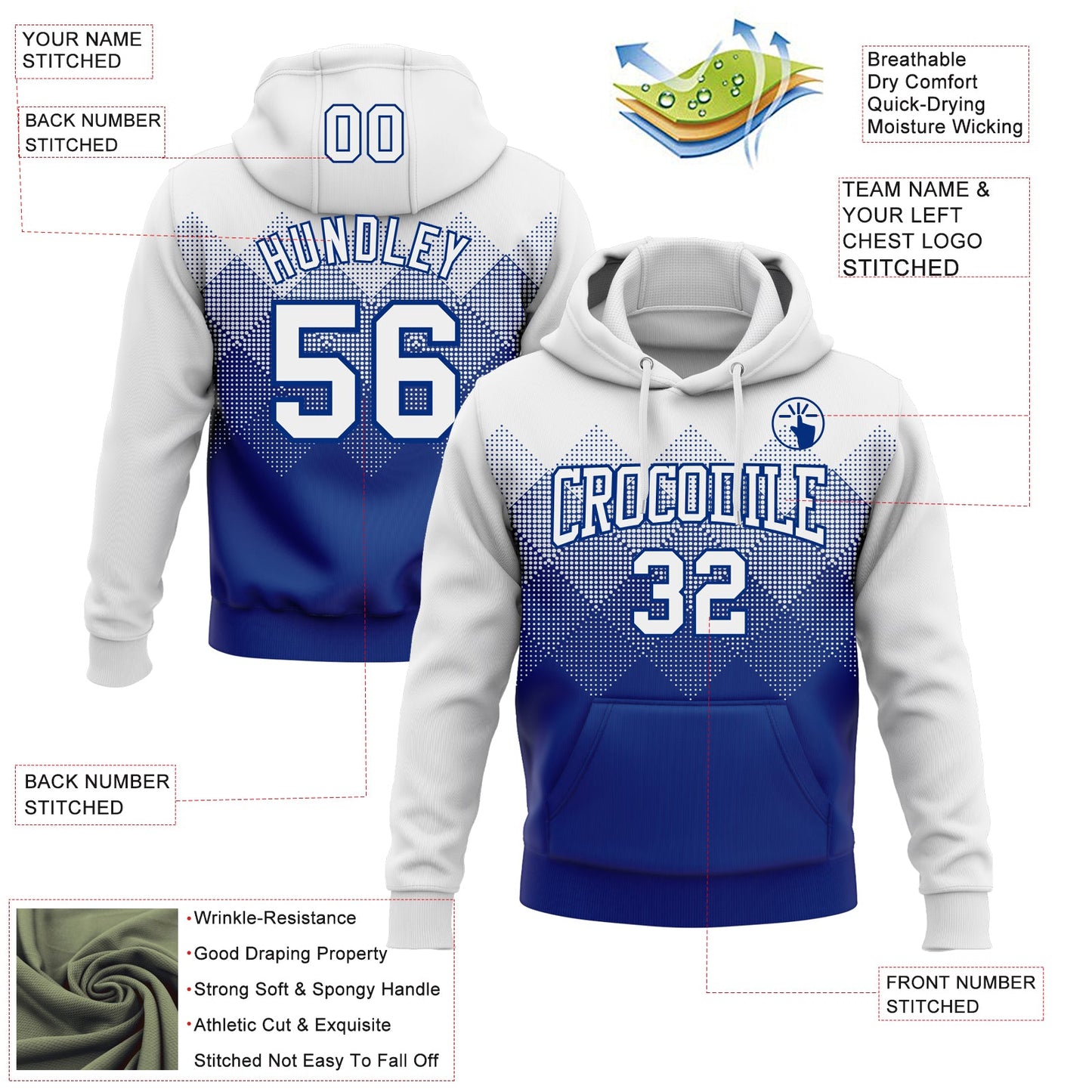Custom Stitched White Royal 3D Pattern Design Gradient Square Shape Sports Pullover Sweatshirt Hoodie view 2
