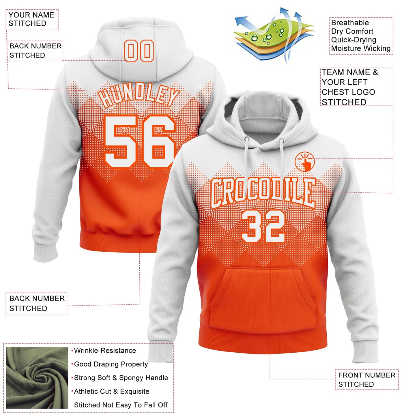 Custom Stitched White Orange 3D Pattern Design Gradient Square Shape Sports Pullover Sweatshirt Hoodie view 2
