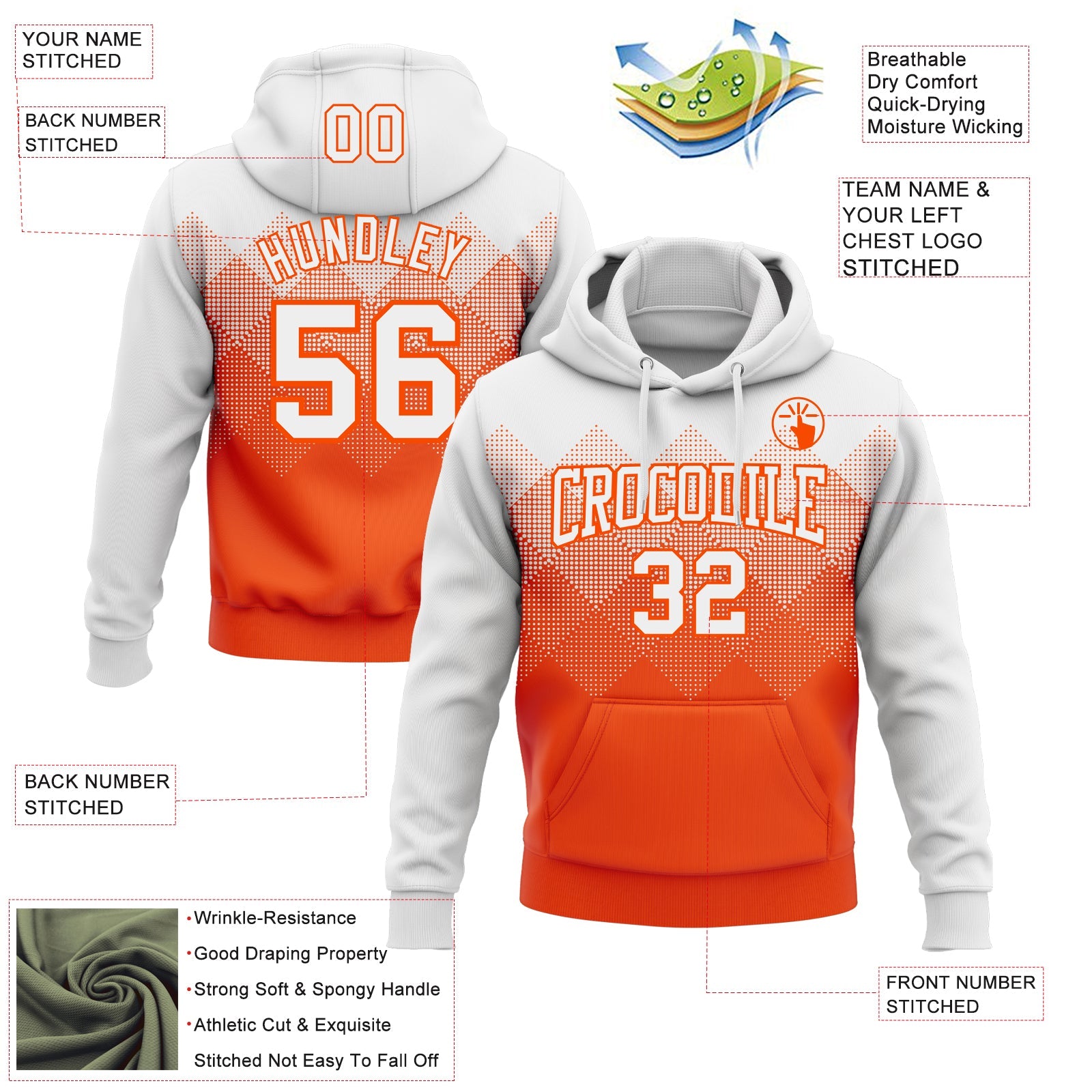 Custom Stitched White Orange 3D Pattern Design Gradient Square Shape Sports Pullover Sweatshirt Hoodie view 2