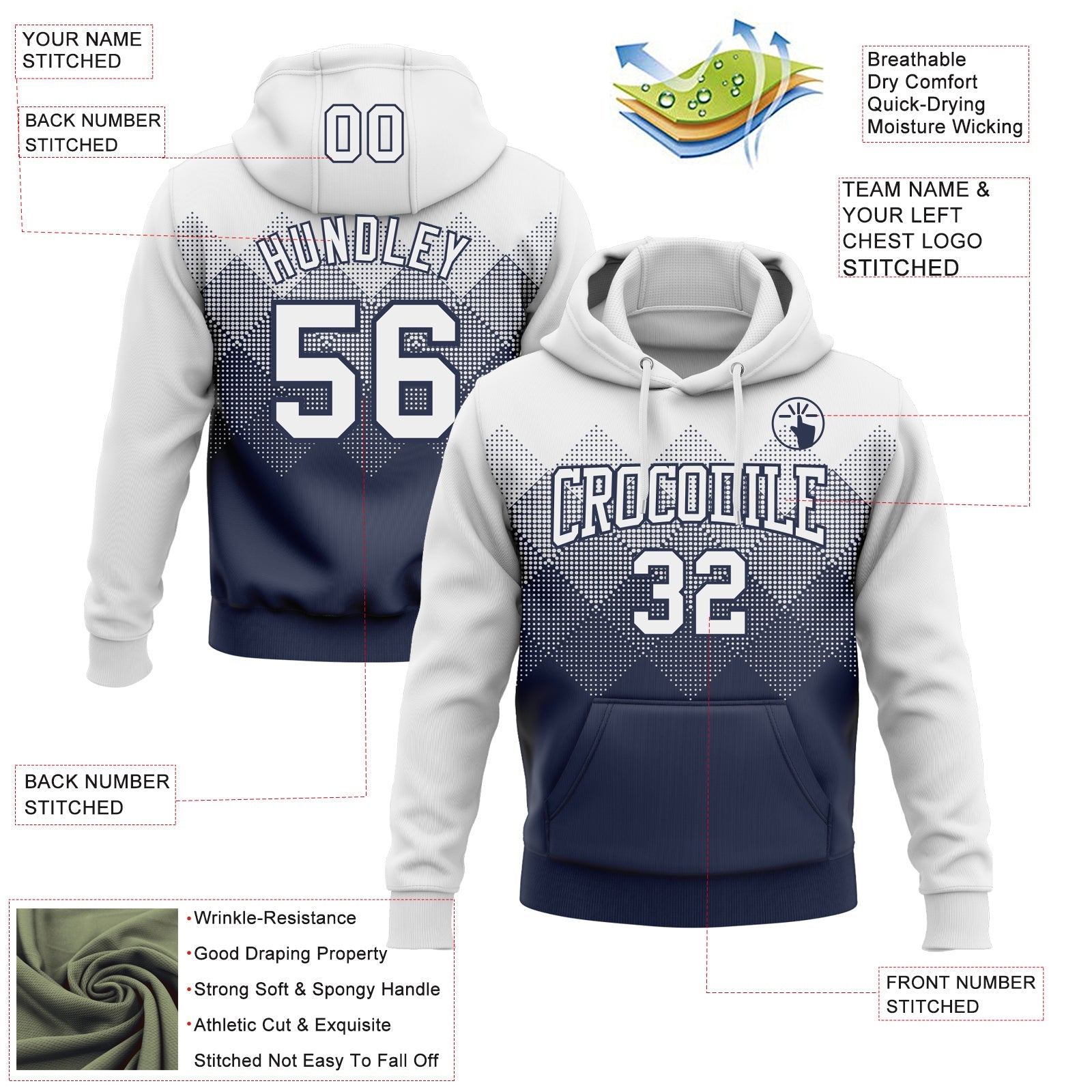 Custom Stitched White Navy 3D Pattern Design Gradient Square Shape Sports Pullover Sweatshirt Hoodie view 2