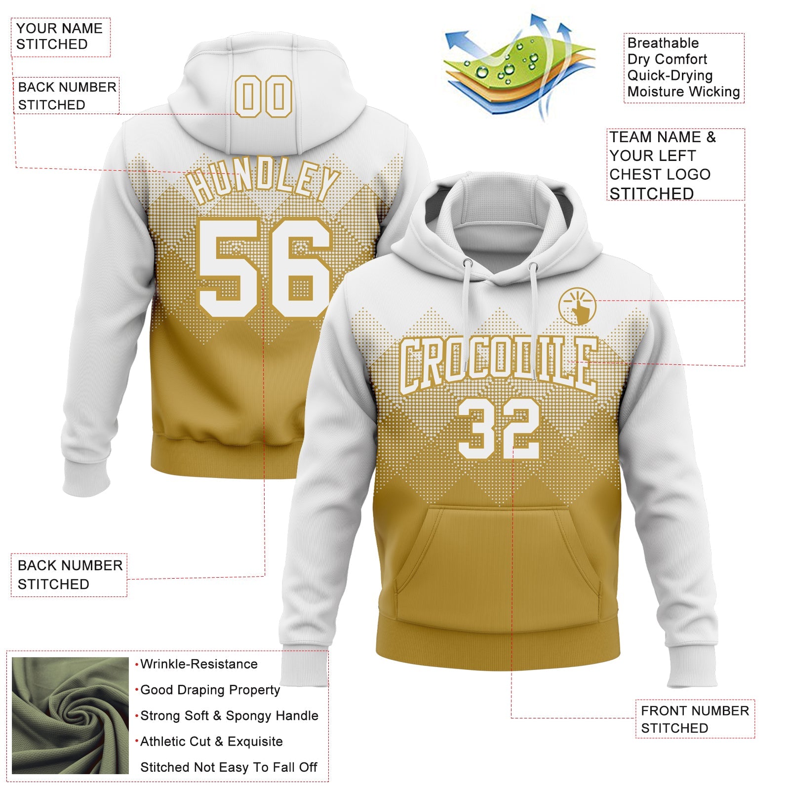 Custom Stitched White Old Gold 3D Pattern Design Gradient Square Shape Sports Pullover Sweatshirt Hoodie view 2