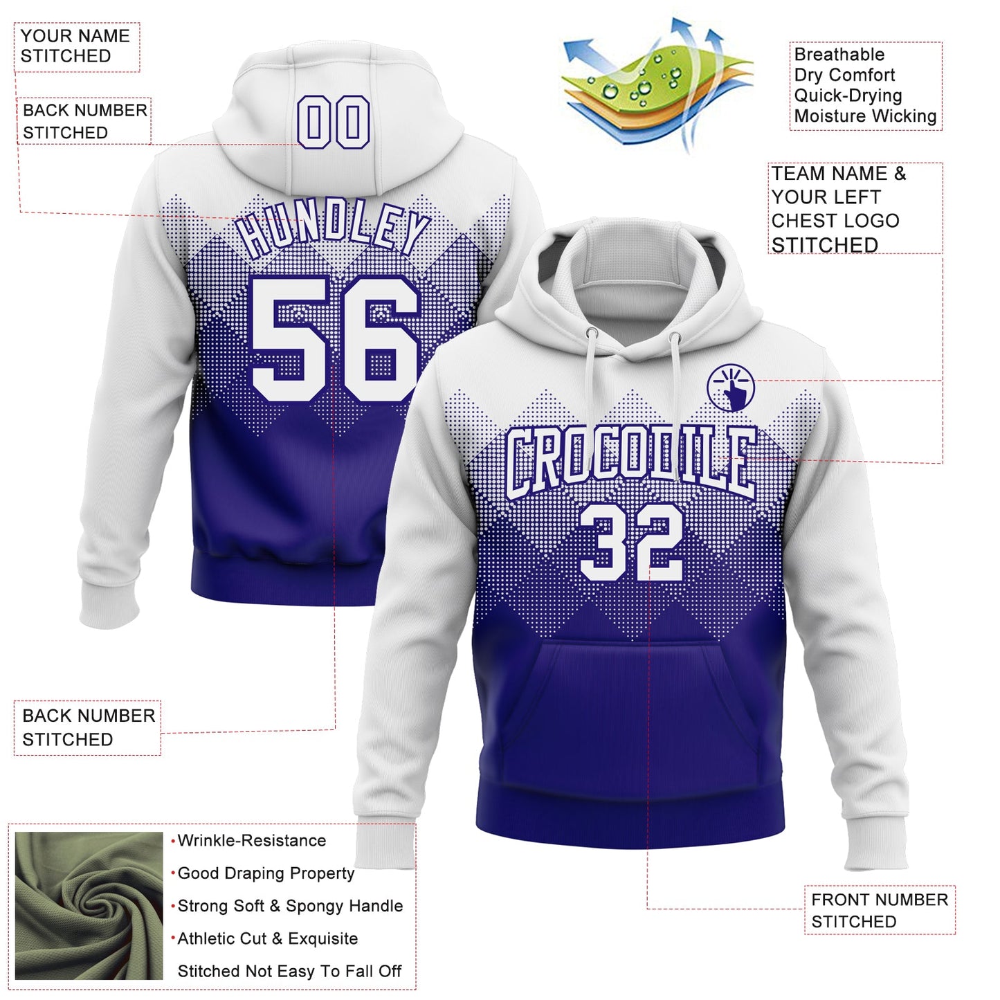 Custom Stitched White Dark Purple 3D Pattern Design Gradient Square Shape Sports Pullover Sweatshirt Hoodie view 2