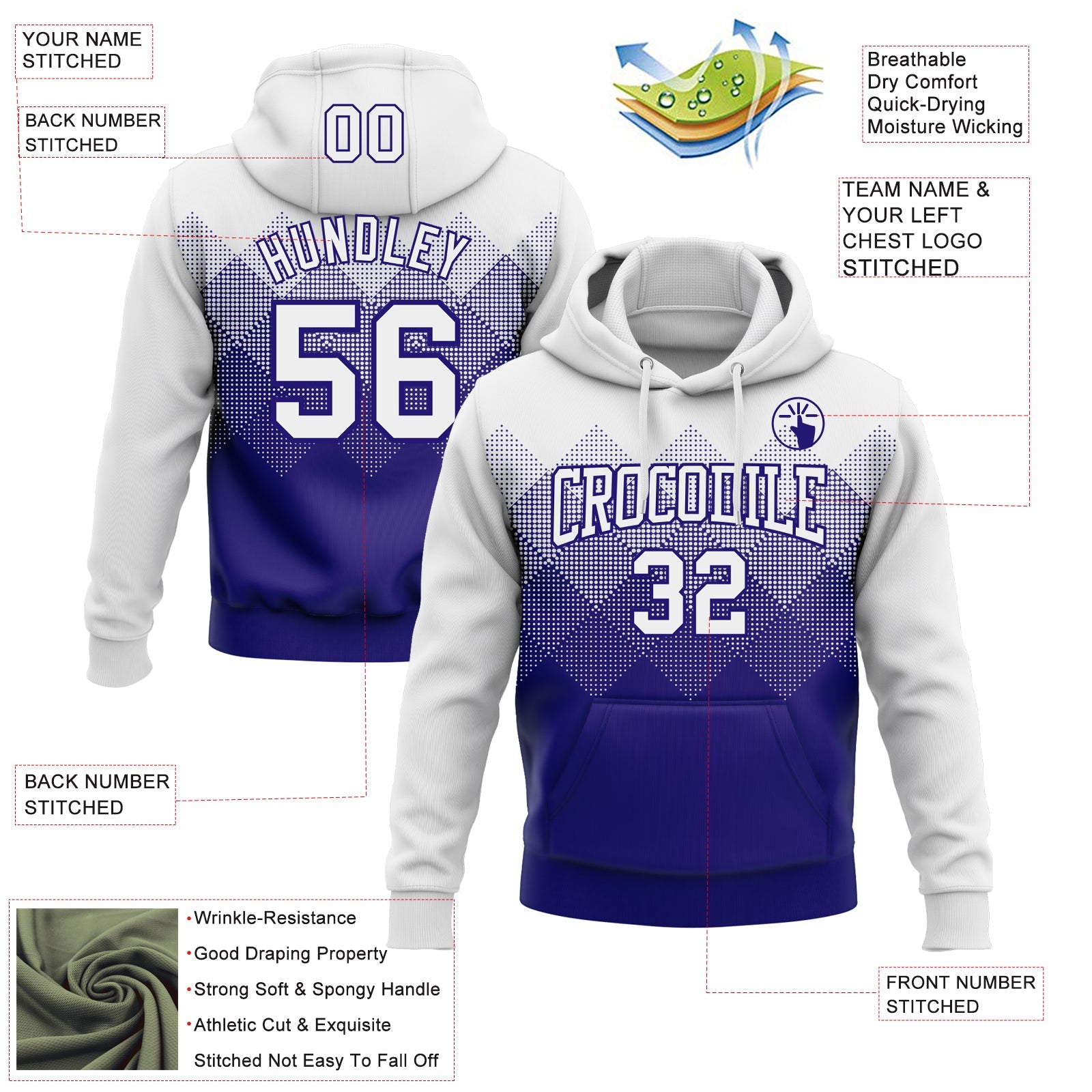Custom Stitched White Dark Purple 3D Pattern Design Gradient Square Shape Sports Pullover Sweatshirt Hoodie view 2