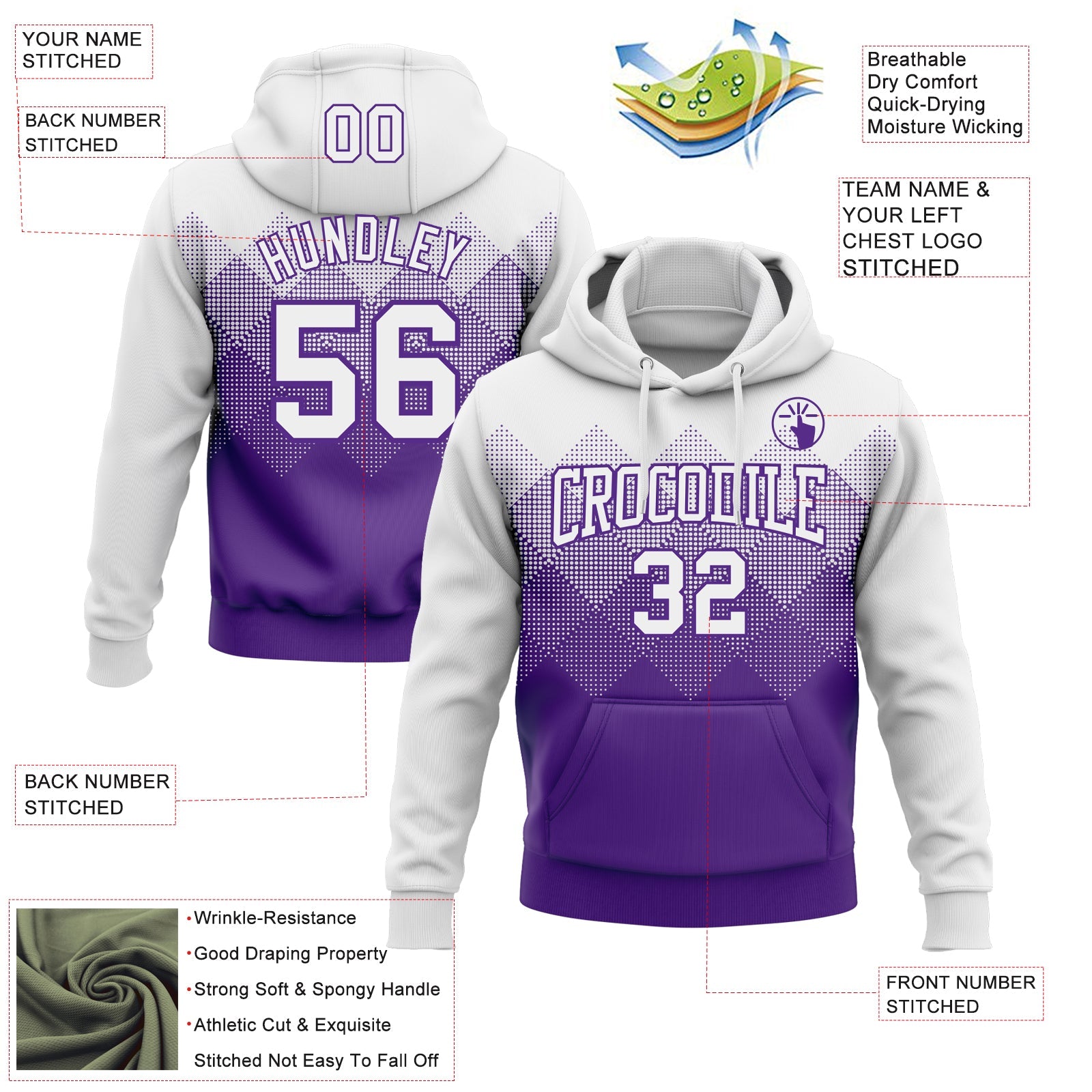 Custom Stitched White Purple 3D Pattern Design Gradient Square Shape Sports Pullover Sweatshirt Hoodie view 2