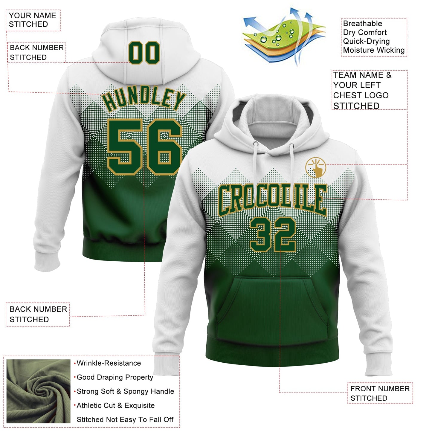 Custom Stitched White Green-Old Gold 3D Pattern Design Gradient Square Shape Sports Pullover Sweatshirt Hoodie view 2