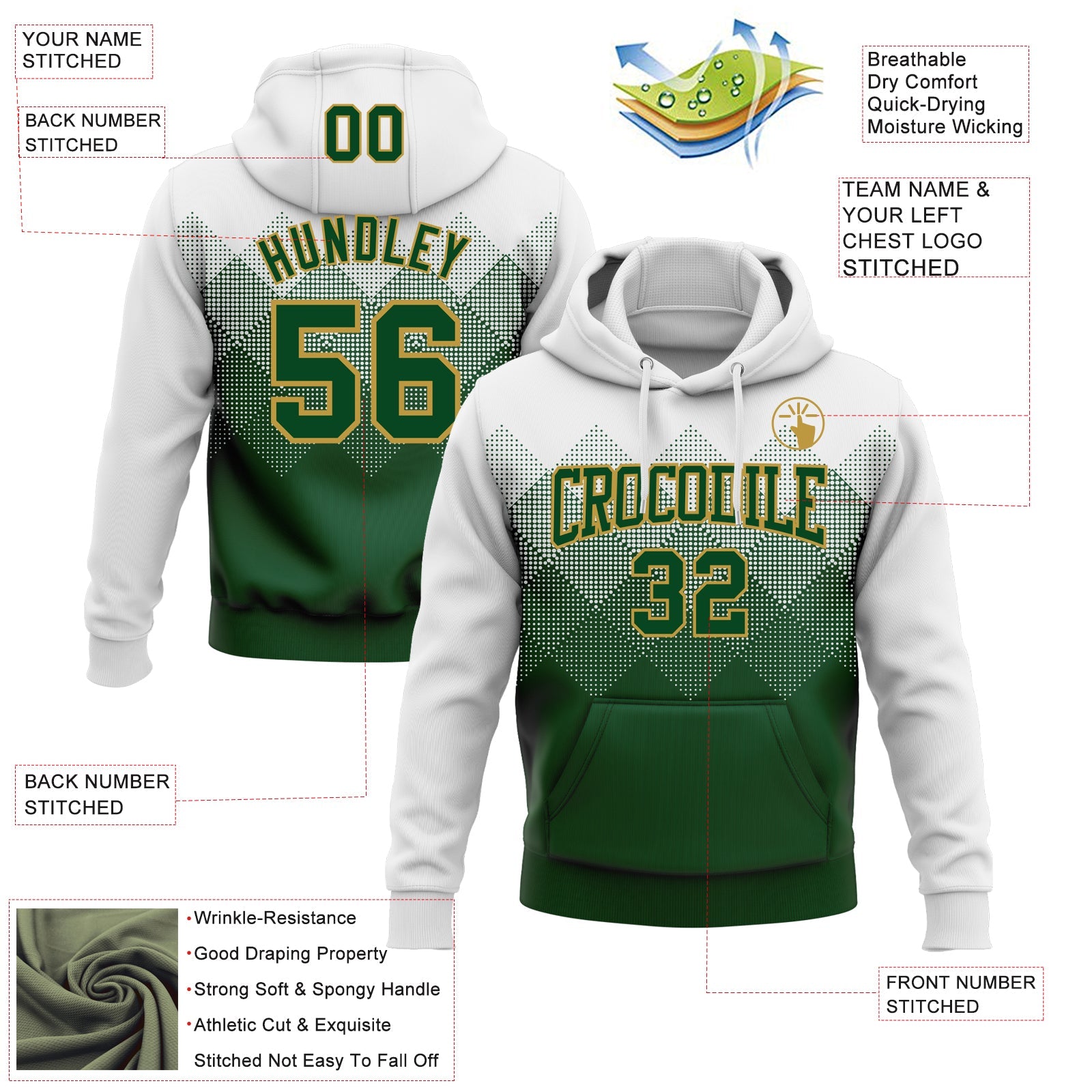 Custom Stitched White Green-Old Gold 3D Pattern Design Gradient Square Shape Sports Pullover Sweatshirt Hoodie view 2