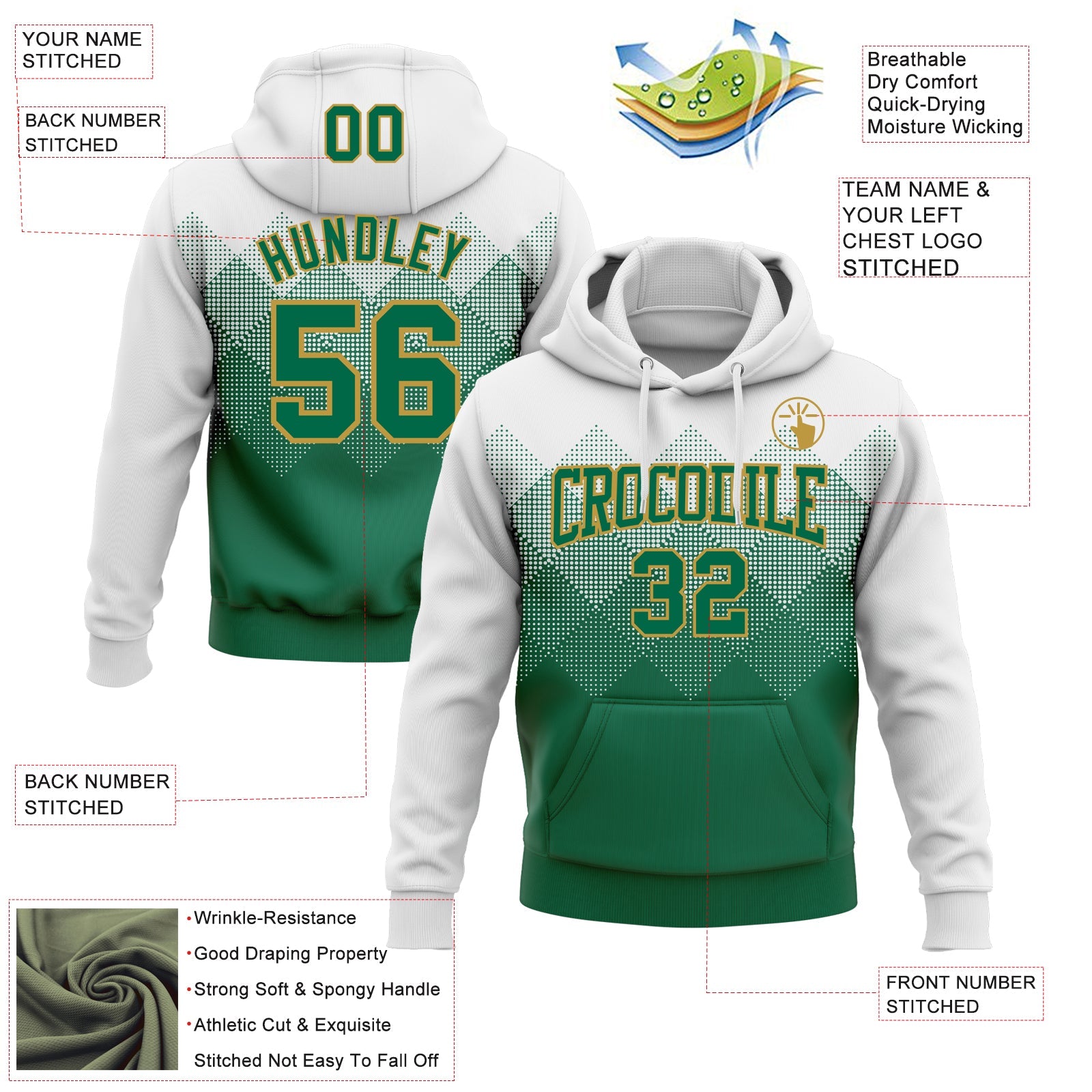 Custom Stitched White Kelly Green-Old Gold 3D Pattern Design Gradient Square Shape Sports Pullover Sweatshirt Hoodie view 2