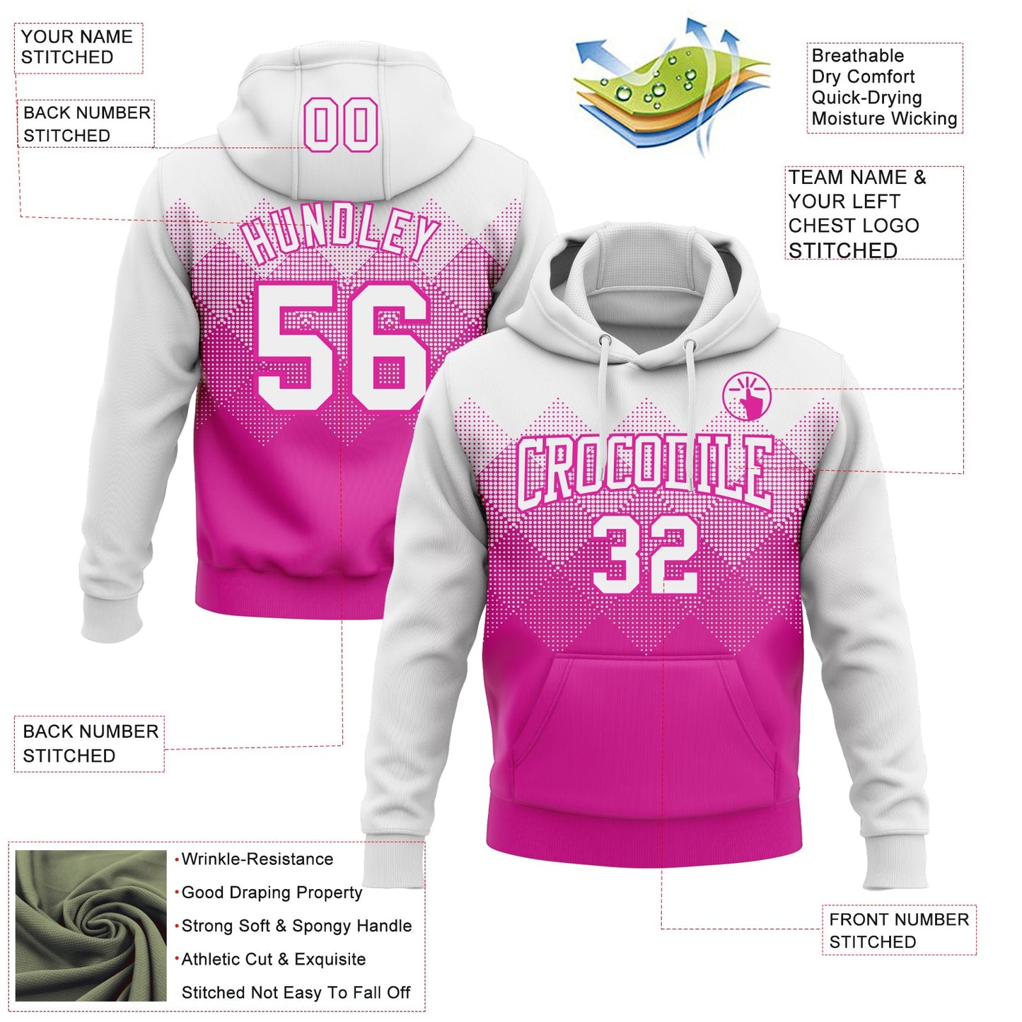 Custom Stitched White Deep Pink 3D Pattern Design Gradient Square Shape Sports Pullover Sweatshirt Hoodie view 2