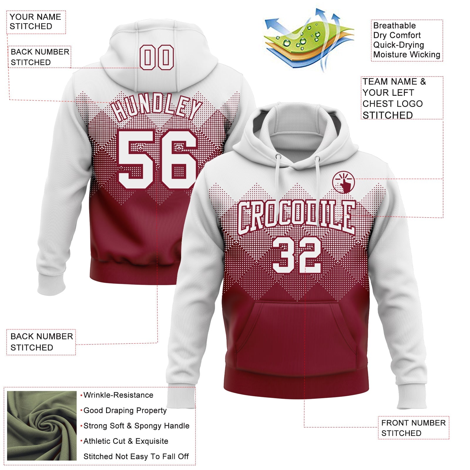 Custom Stitched White Crimson 3D Pattern Design Gradient Square Shape Sports Pullover Sweatshirt Hoodie view 2