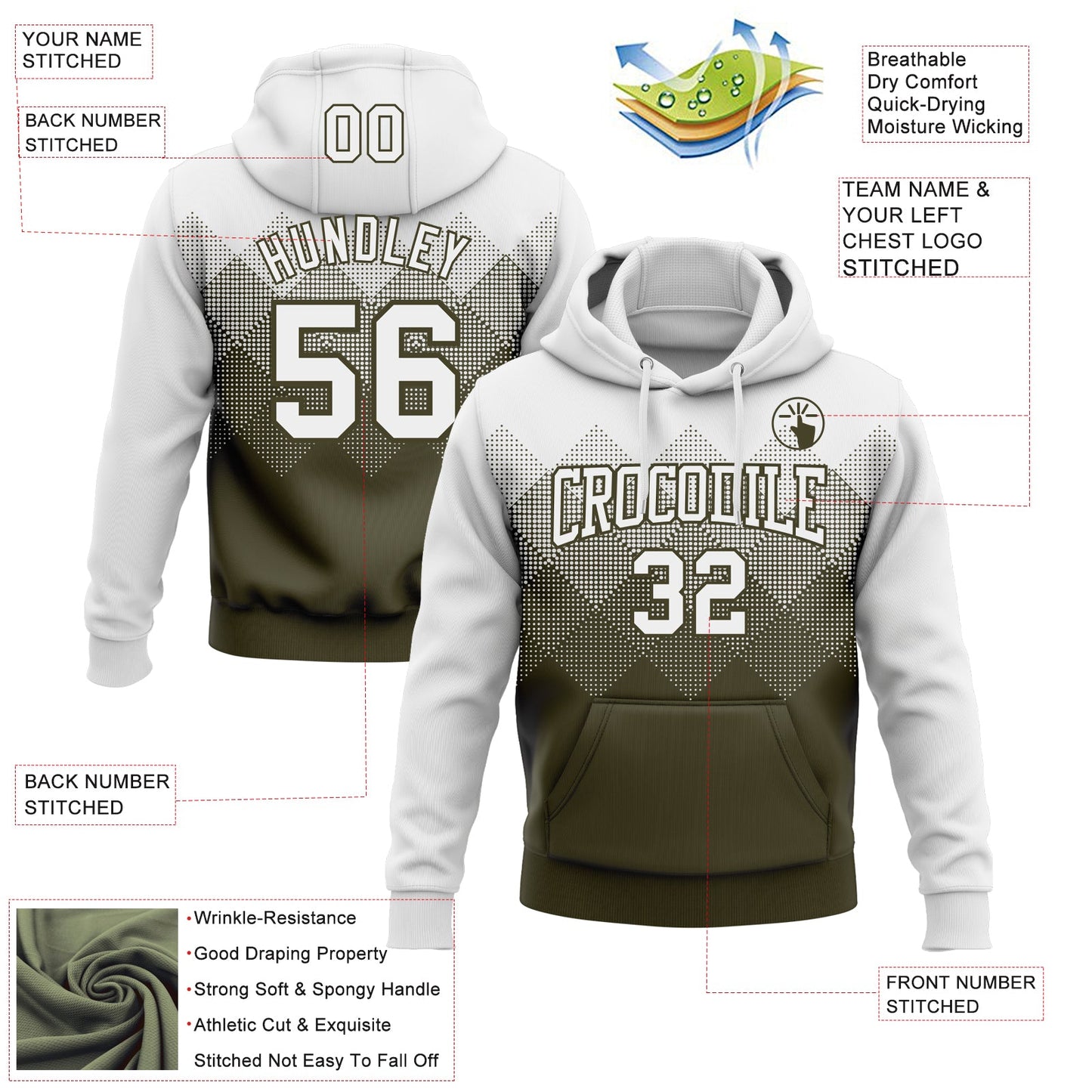 Custom Stitched White Olive 3D Pattern Design Gradient Square Shape Sports Pullover Sweatshirt Hoodie view 2