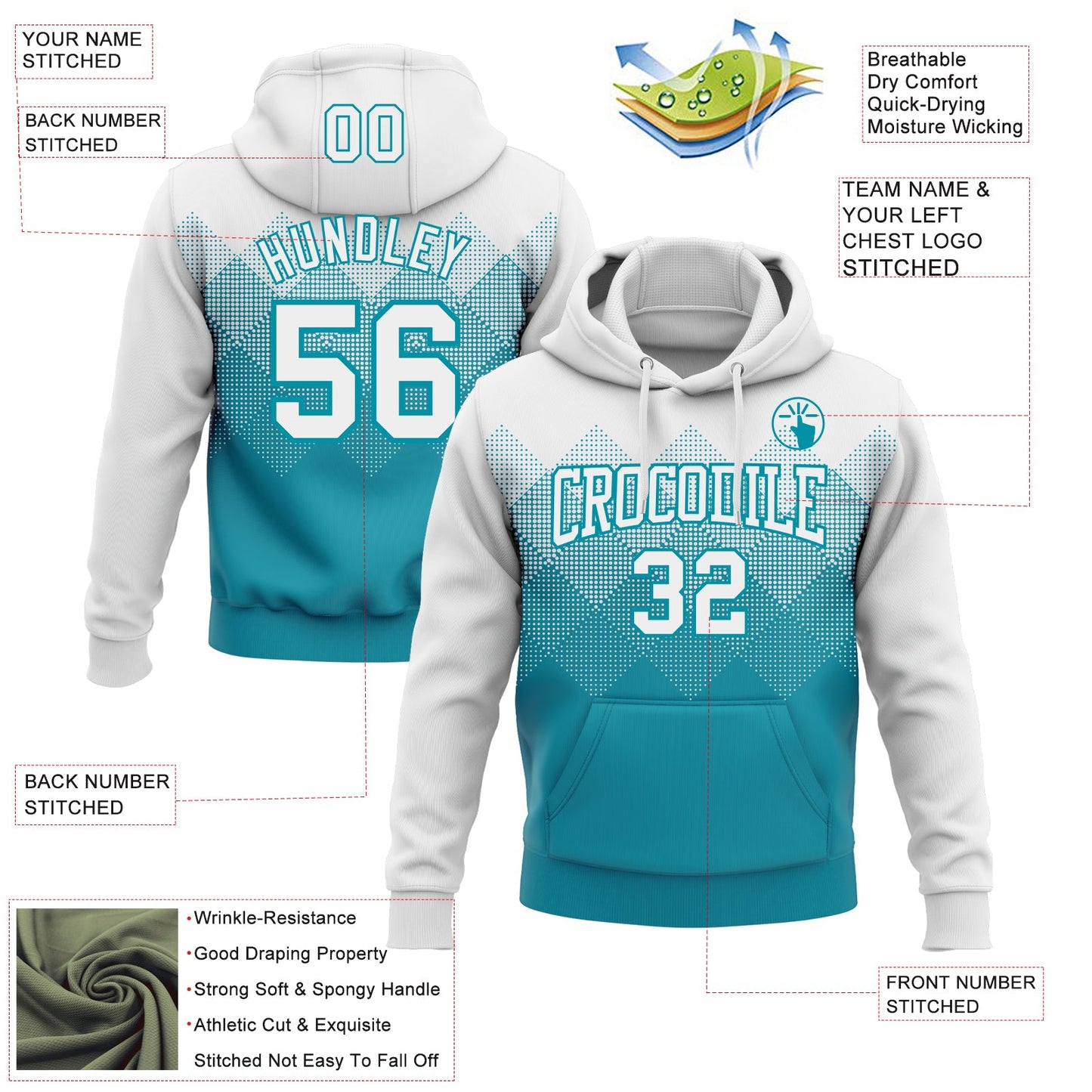 Custom Stitched White Teal 3D Pattern Design Gradient Square Shape Sports Pullover Sweatshirt Hoodie view 2