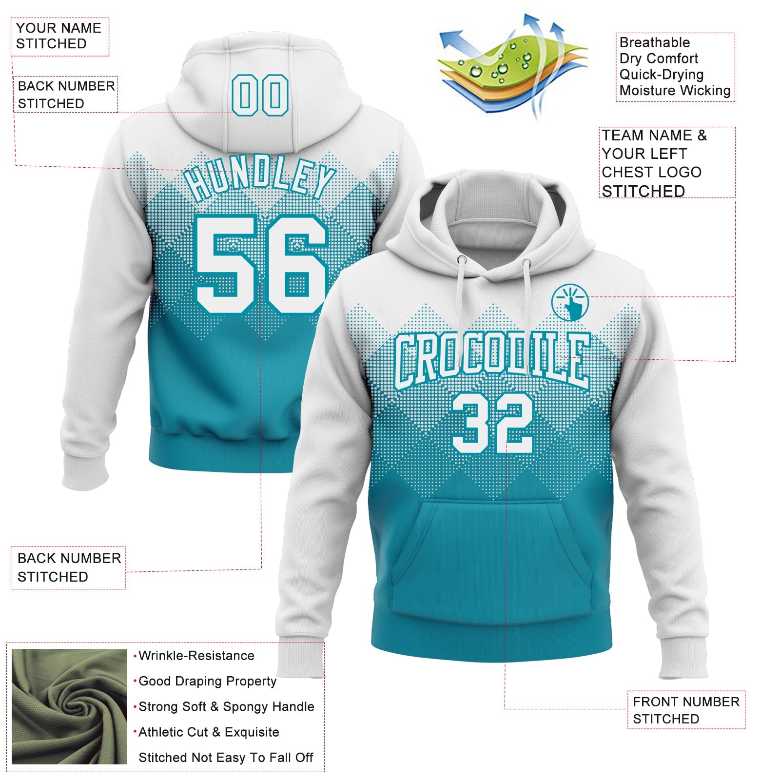 Custom Stitched White Teal 3D Pattern Design Gradient Square Shape Sports Pullover Sweatshirt Hoodie view 2