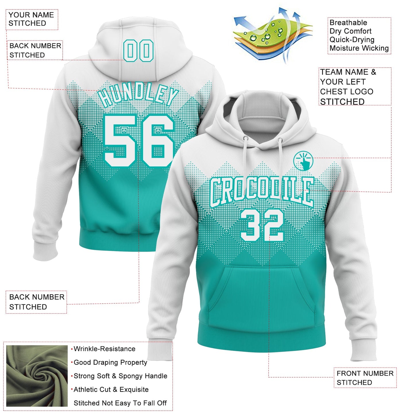 Custom Stitched White Aqua 3D Pattern Design Gradient Square Shape Sports Pullover Sweatshirt Hoodie view 2
