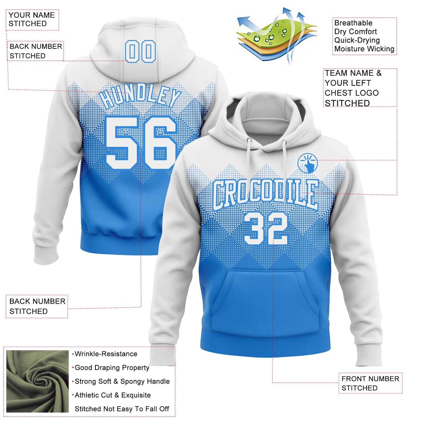 Custom Stitched White Powder Blue 3D Pattern Design Gradient Square Shape Sports Pullover Sweatshirt Hoodie view 2