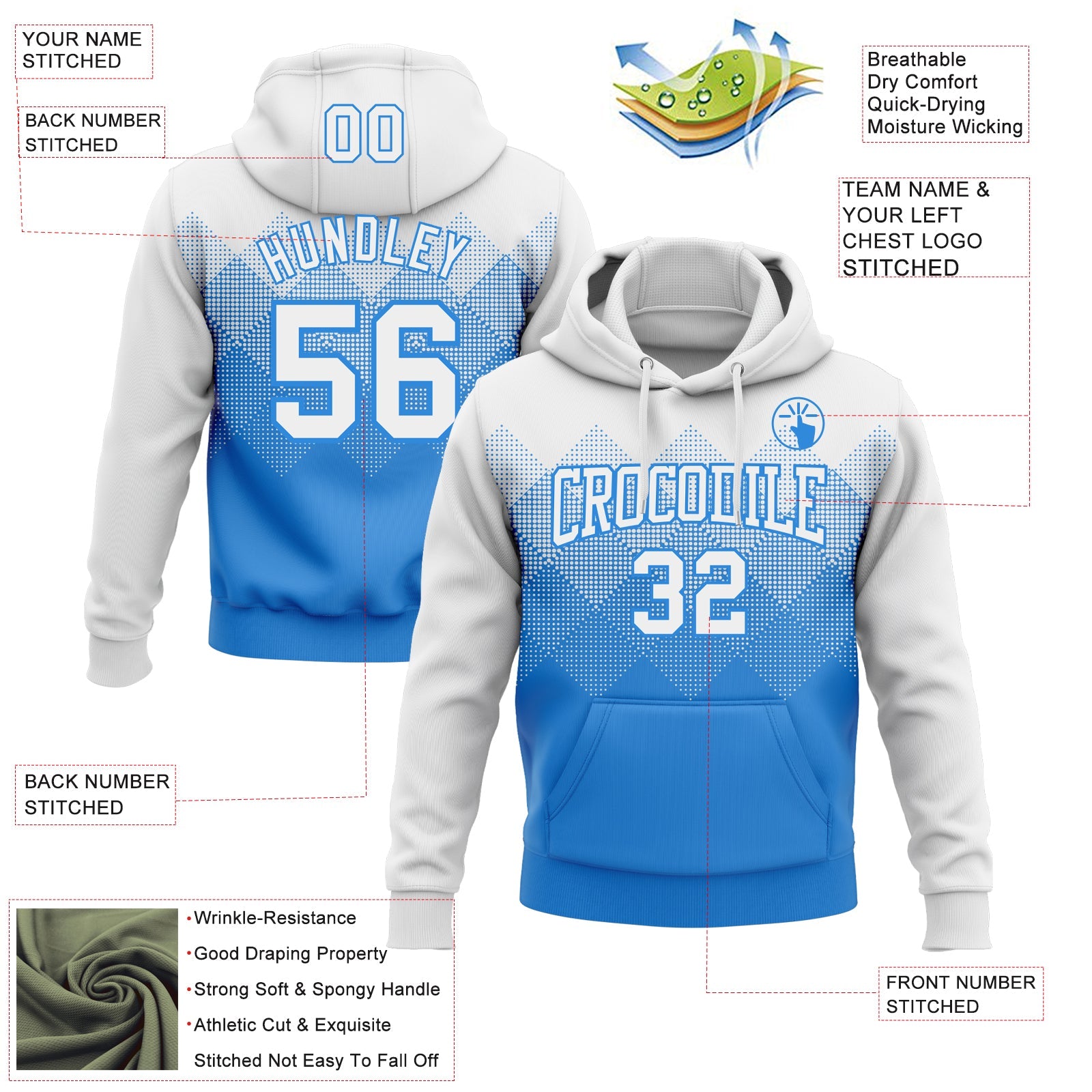 Custom Stitched White Powder Blue 3D Pattern Design Gradient Square Shape Sports Pullover Sweatshirt Hoodie view 2