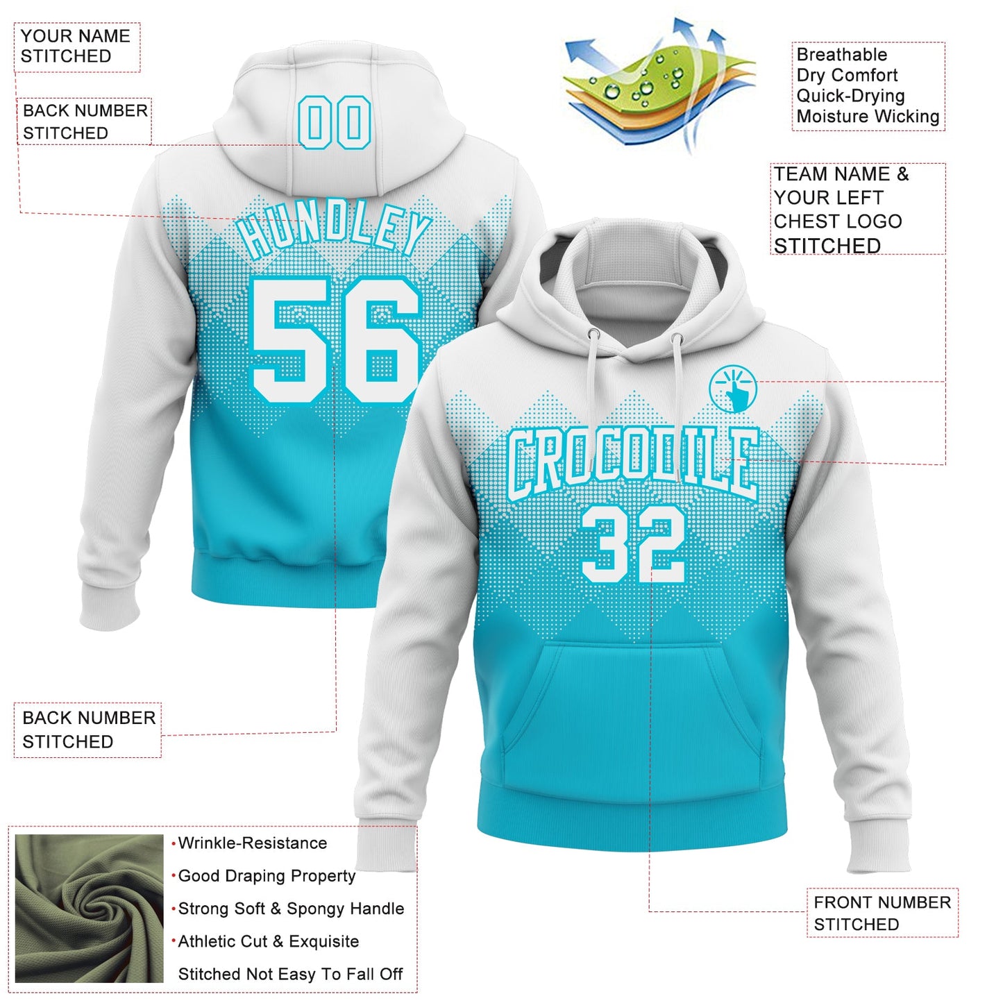 Custom Stitched White Lakes Blue 3D Pattern Design Gradient Square Shape Sports Pullover Sweatshirt Hoodie view 2