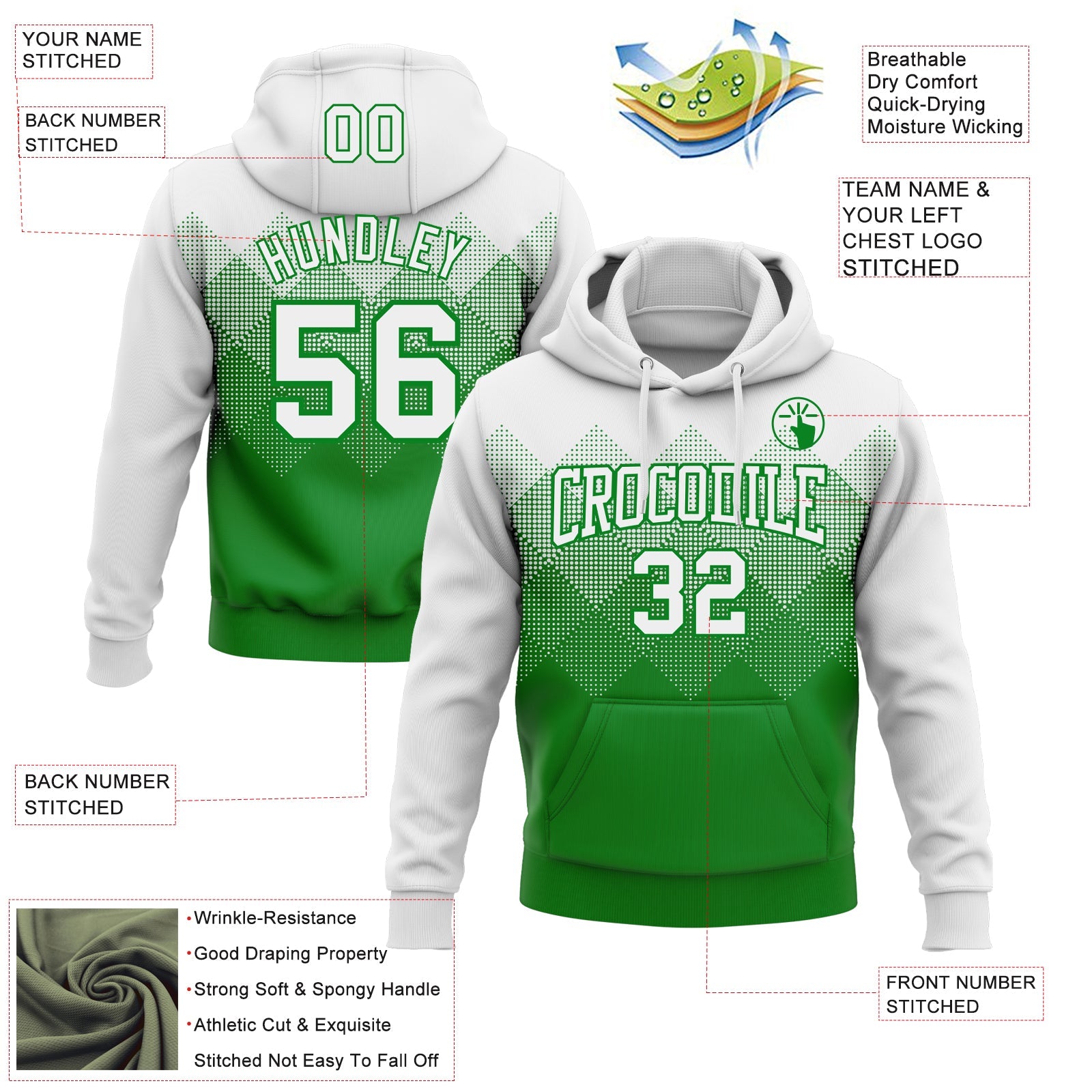 Custom Stitched White Grass Green 3D Pattern Design Gradient Square Shape Sports Pullover Sweatshirt Hoodie view 2