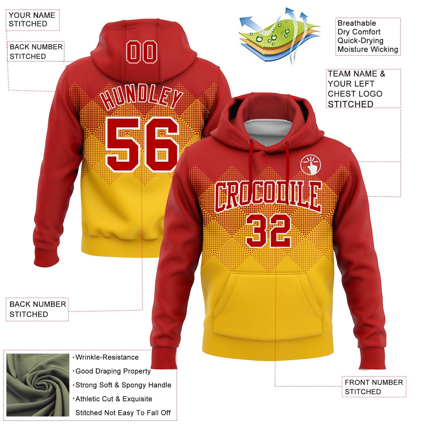 Custom Stitched Red Yellow-White 3D Pattern Design Gradient Square Shape Sports Pullover Sweatshirt Hoodie view 2
