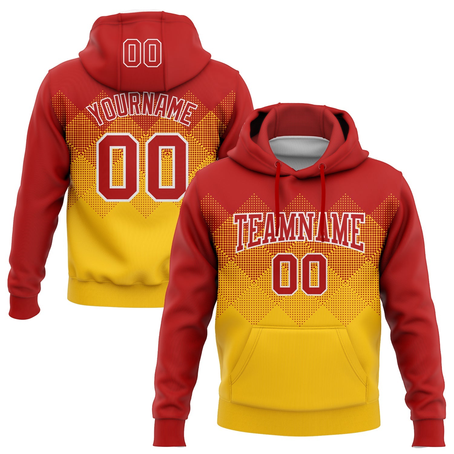 Custom Stitched Red Yellow-White 3D Pattern Design Gradient Square Shape Sports Pullover Sweatshirt Hoodie - Main View