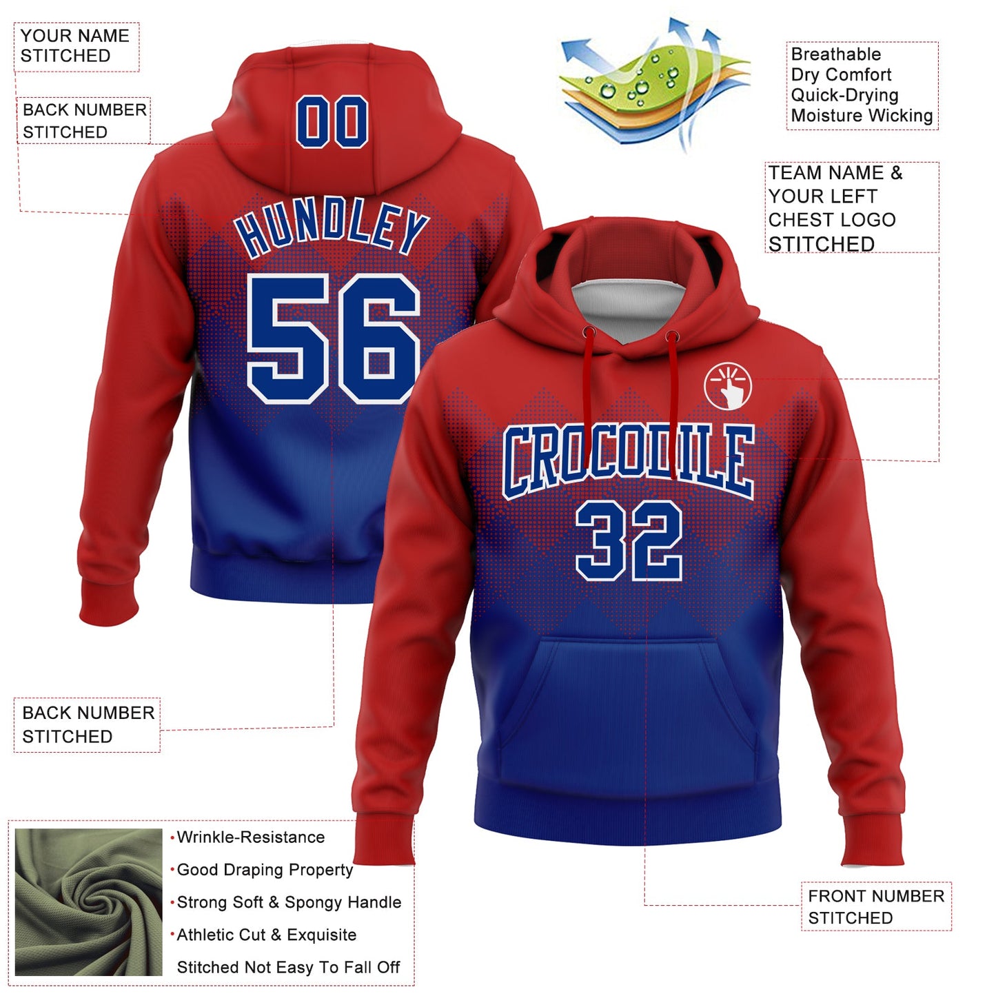 Custom Stitched Red Royal-White 3D Pattern Design Gradient Square Shape Sports Pullover Sweatshirt Hoodie view 2