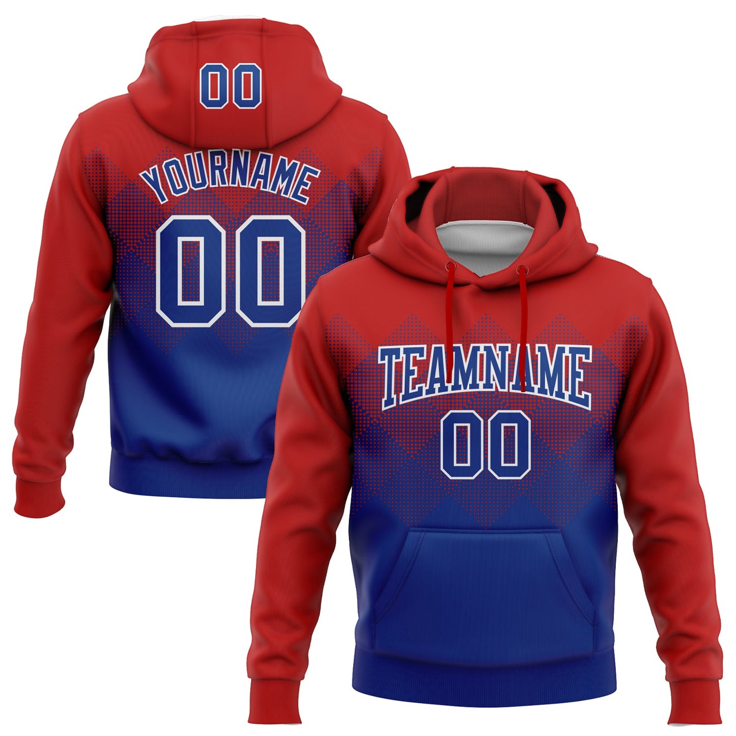 Custom Stitched Red Royal-White 3D Pattern Design Gradient Square Shape Sports Pullover Sweatshirt Hoodie - Main View