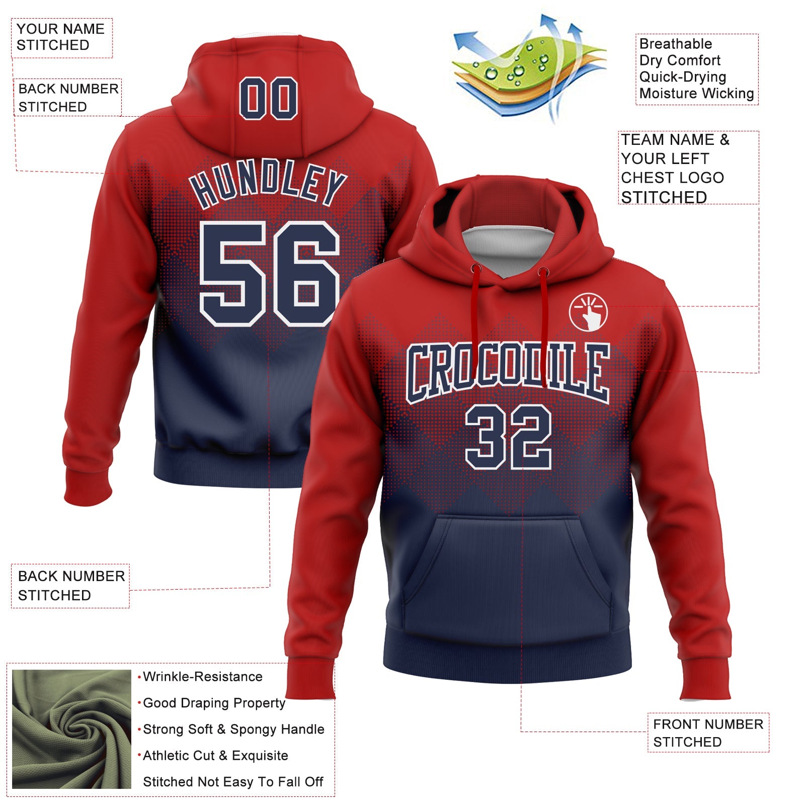 Custom Stitched Red Navy-White 3D Pattern Design Gradient Square Shape Sports Pullover Sweatshirt Hoodie view 2