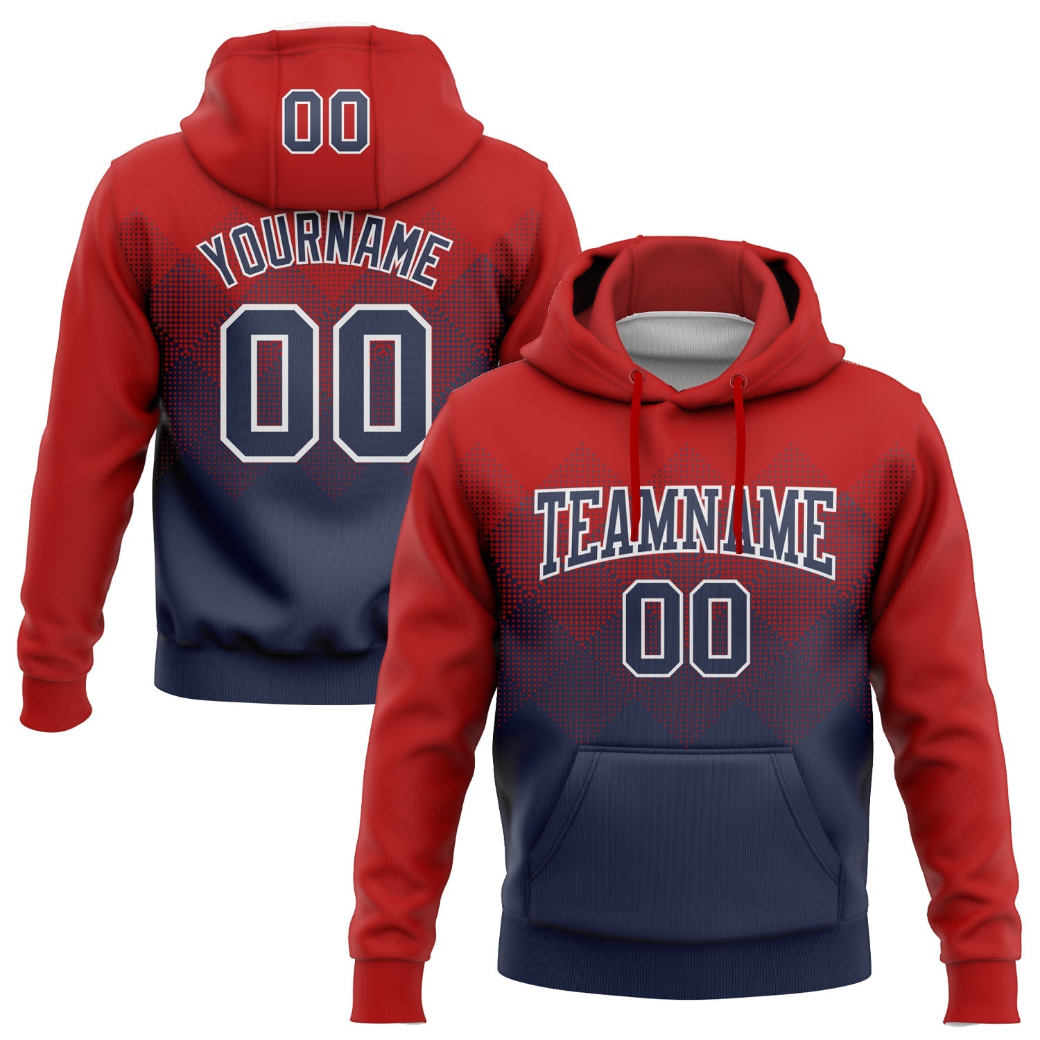 Custom Stitched Red Navy-White 3D Pattern Design Gradient Square Shape Sports Pullover Sweatshirt Hoodie - Main View