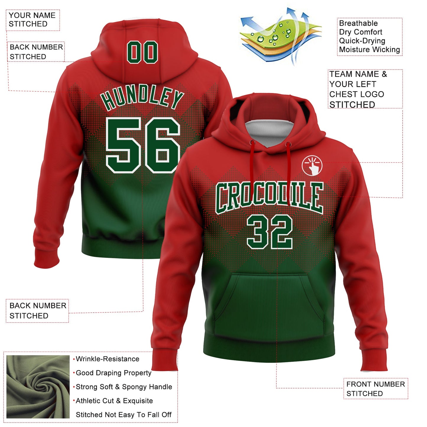 Custom Stitched Red Green-White 3D Pattern Design Gradient Square Shape Sports Pullover Sweatshirt Hoodie view 2