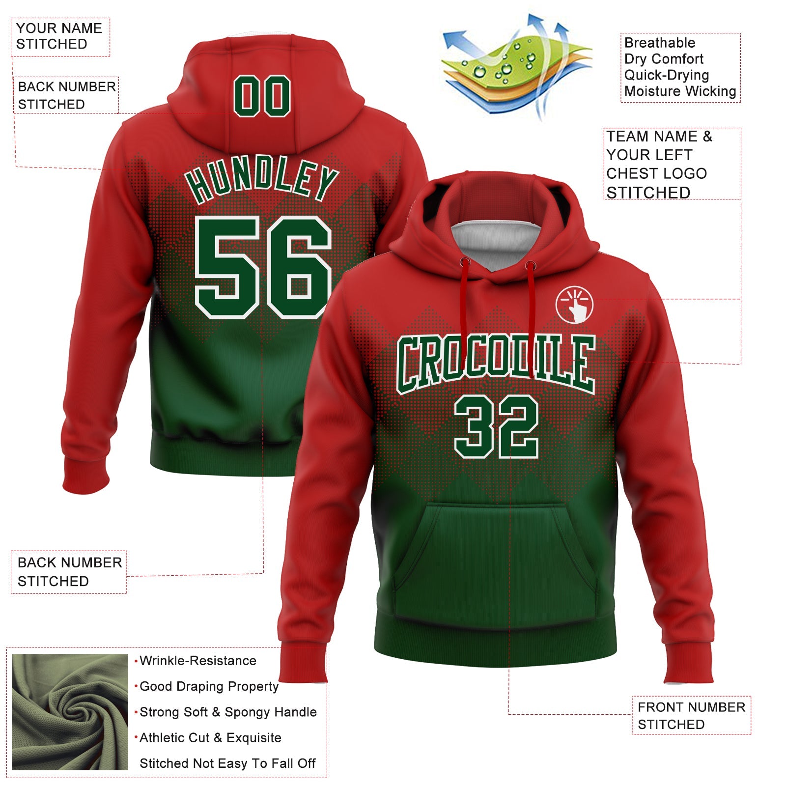 Custom Stitched Red Green-White 3D Pattern Design Gradient Square Shape Sports Pullover Sweatshirt Hoodie view 2