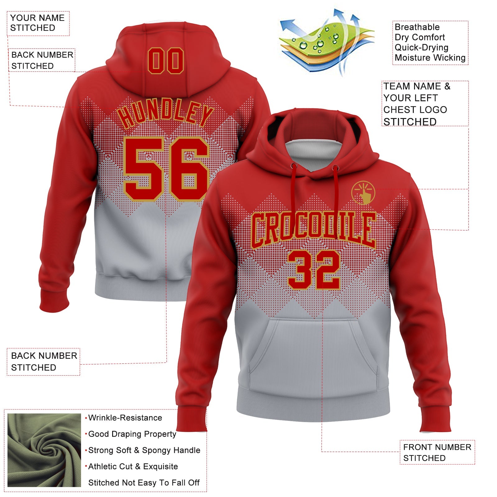 Custom Stitched Red Gray-Old Gold 3D Pattern Design Gradient Square Shape Sports Pullover Sweatshirt Hoodie view 2