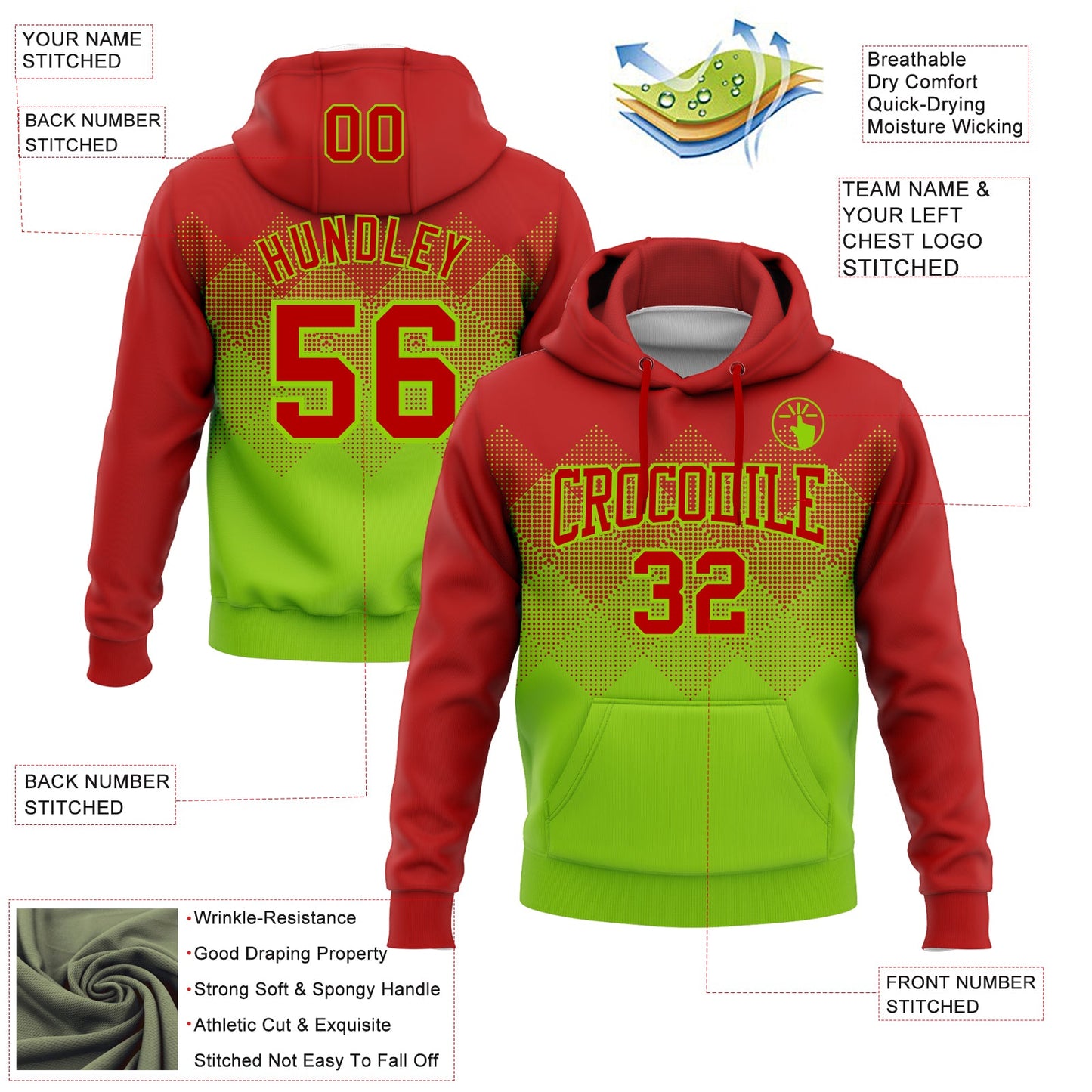 Custom Stitched Red Neon Green 3D Pattern Design Gradient Square Shape Sports Pullover Sweatshirt Hoodie view 2