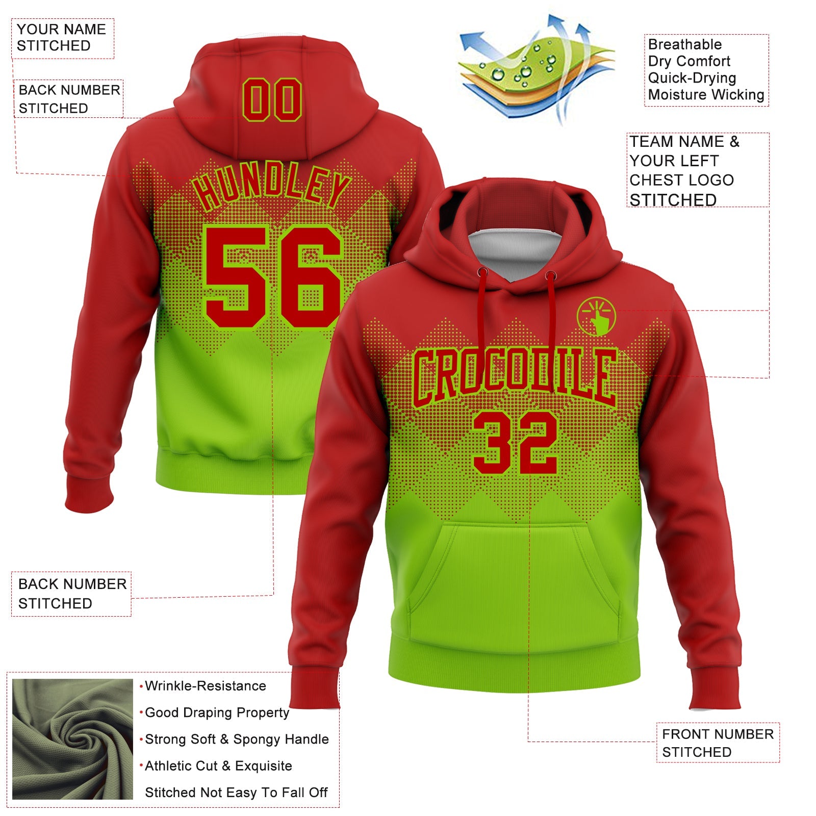 Custom Stitched Red Neon Green 3D Pattern Design Gradient Square Shape Sports Pullover Sweatshirt Hoodie view 2