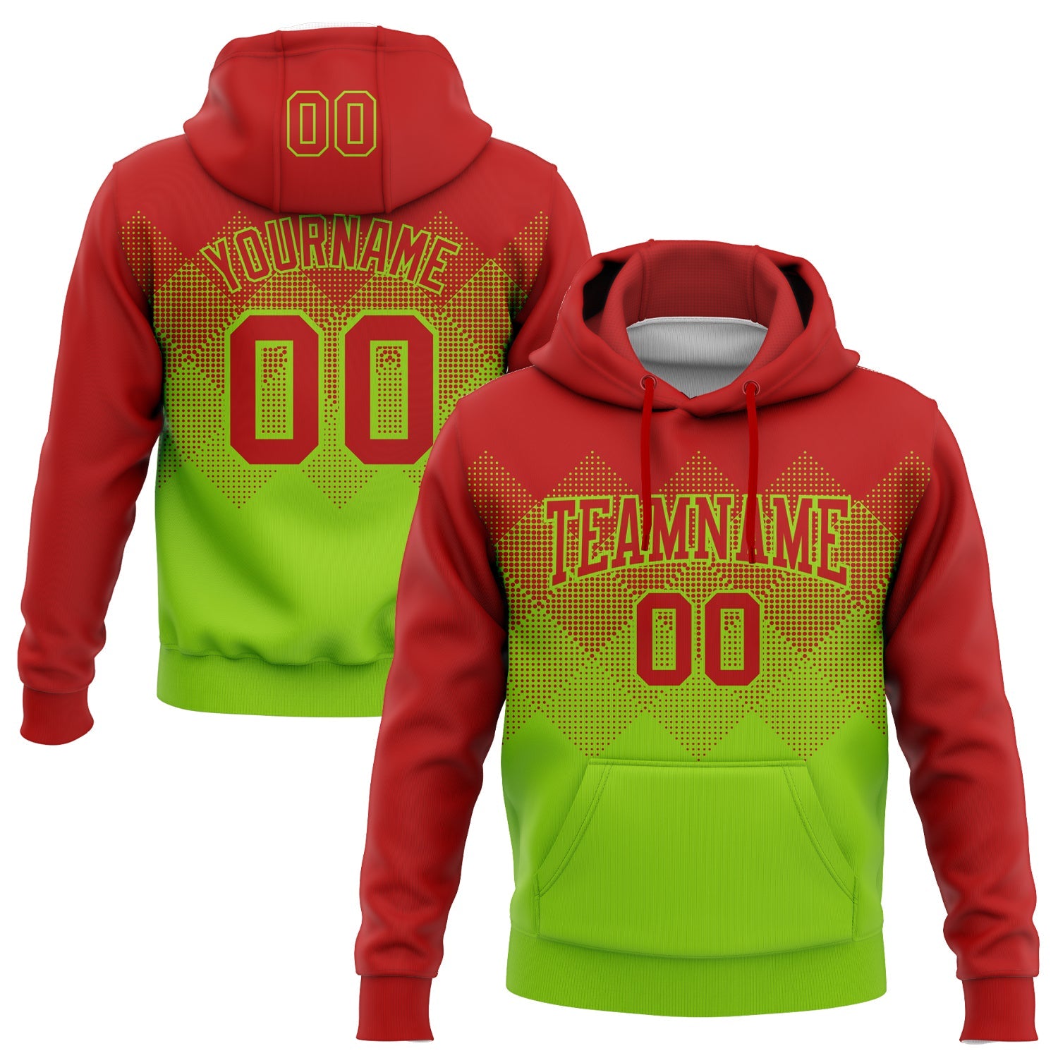 Custom Stitched Red Neon Green 3D Pattern Design Gradient Square Shape Sports Pullover Sweatshirt Hoodie - Main View