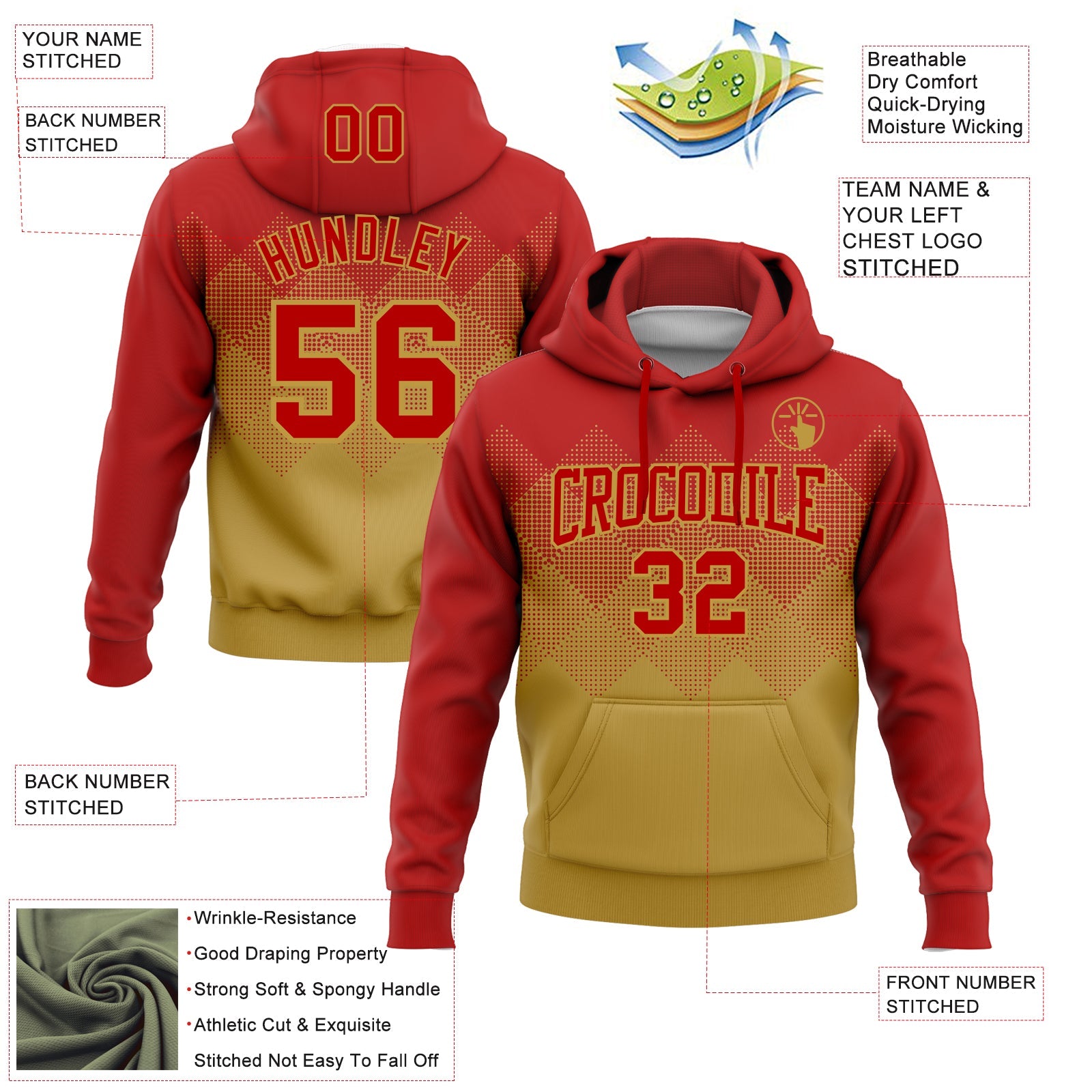 Custom Stitched Red Old Gold 3D Pattern Design Gradient Square Shape Sports Pullover Sweatshirt Hoodie view 2