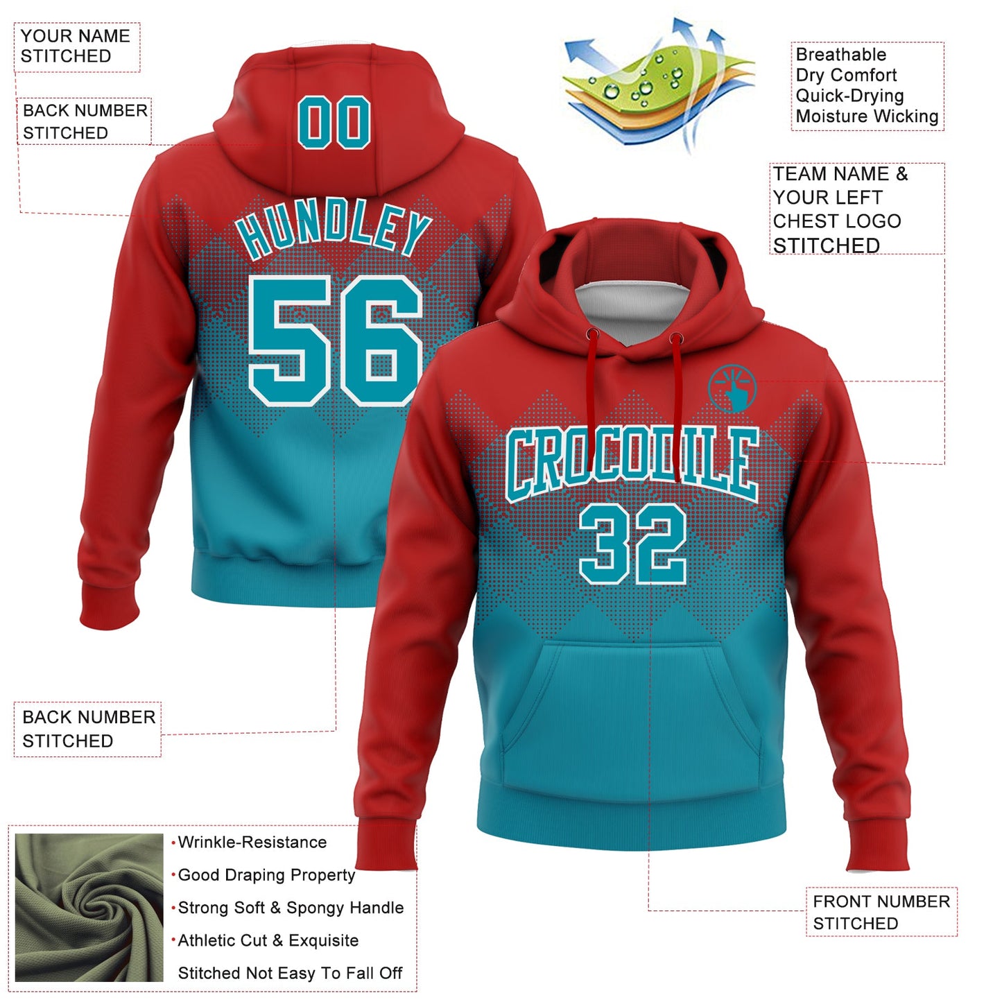Custom Stitched Red Teal-White 3D Pattern Design Gradient Square Shape Sports Pullover Sweatshirt Hoodie view 2