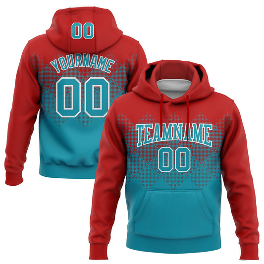 Custom Stitched Red Teal-White 3D Pattern Design Gradient Square Shape Sports Pullover Sweatshirt Hoodie - Main View